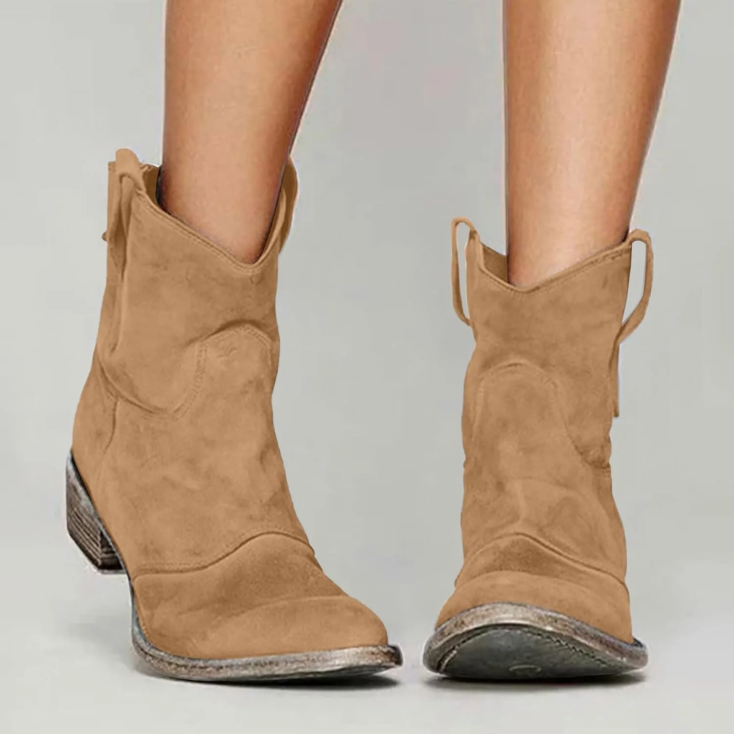 AMDBEL Fall Boots for Women 2024, Women's Ankle Boots Chunky Low Heel Suede Mid Calf Zipper Cowboy Boots Winter Booties