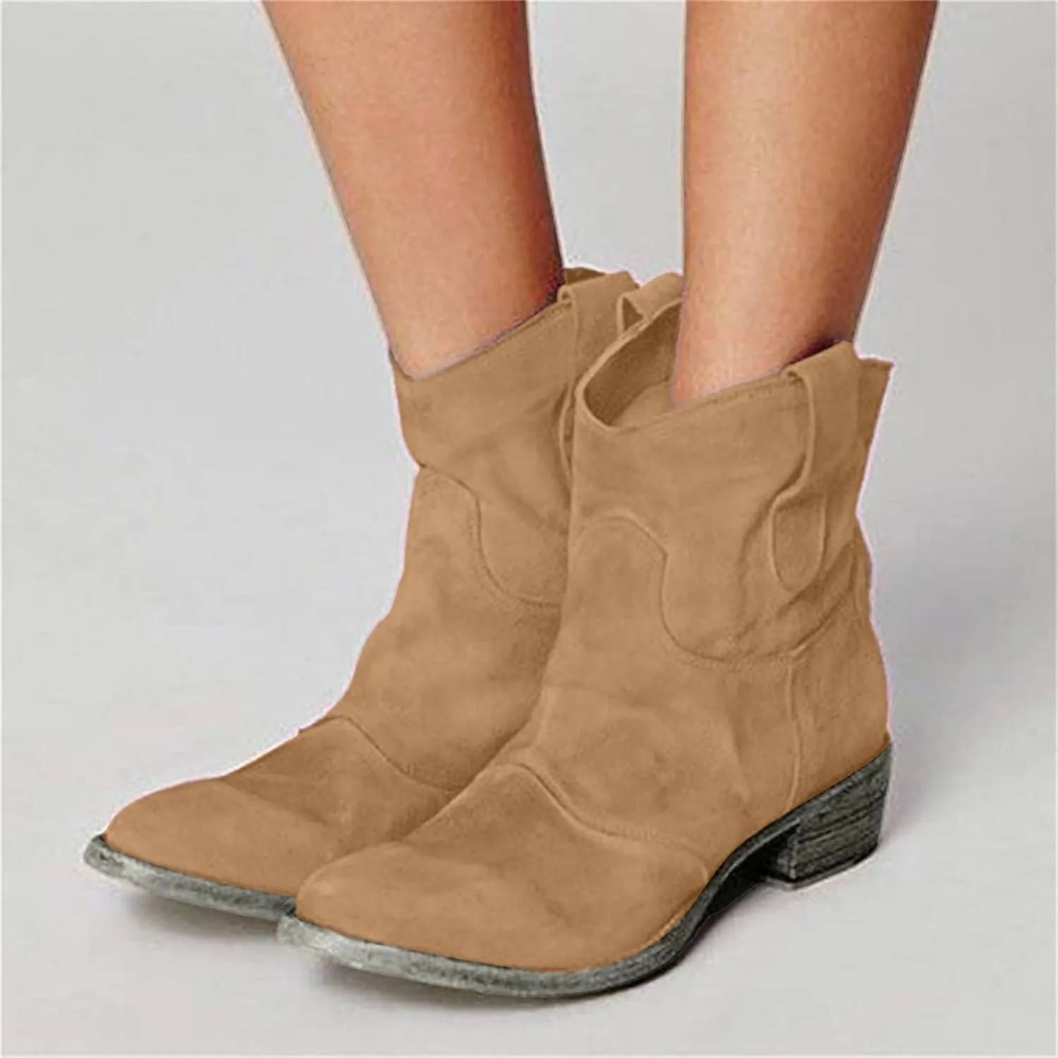 AMDBEL Fall Boots for Women 2024, Women's Ankle Boots Chunky Low Heel Suede Mid Calf Zipper Cowboy Boots Winter Booties