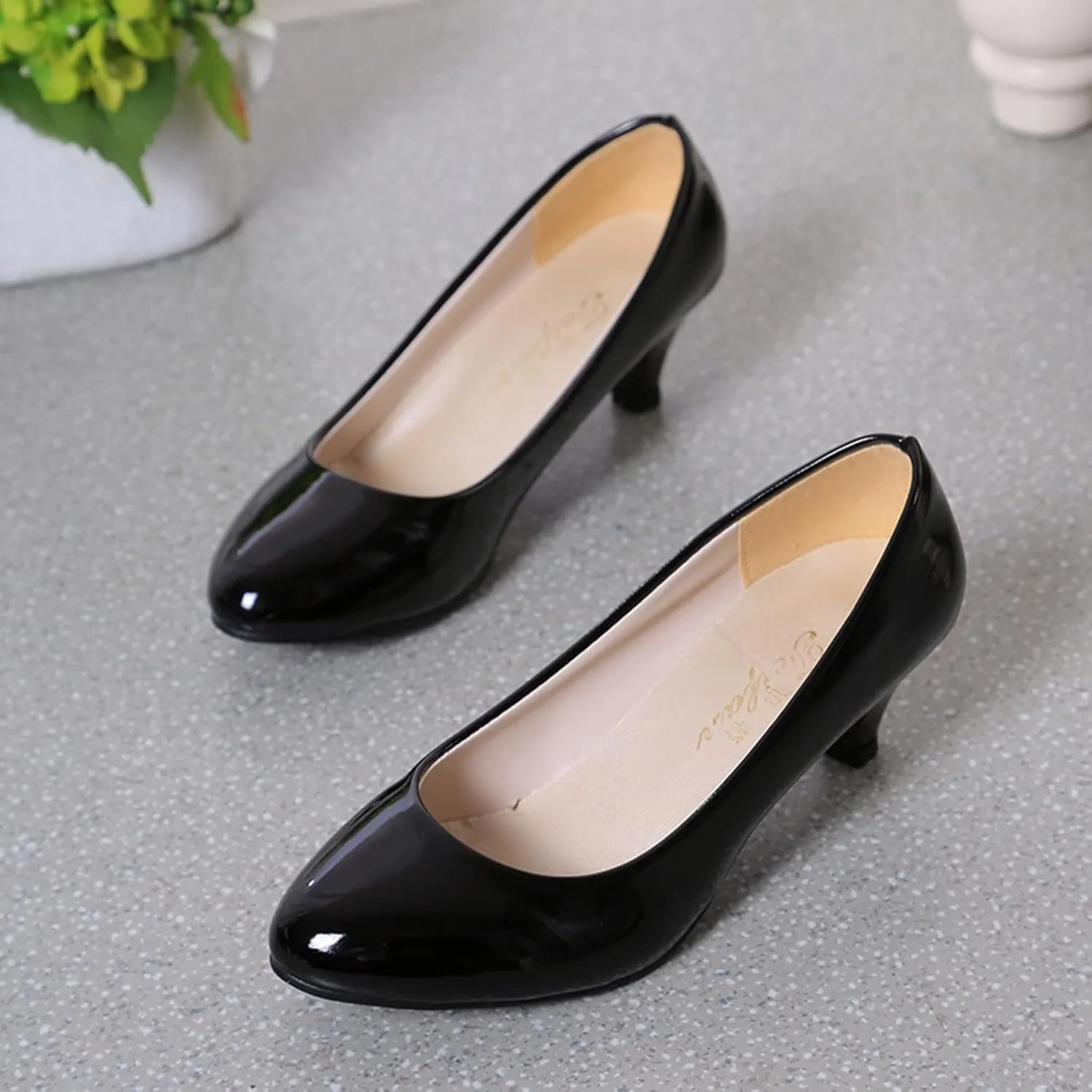AMDBEL Pumps for Women Low Heel, Women's High Heels Ballet Flats Patent Leather Pointed Toe Stiletto Slip On Dress Pump Shoes