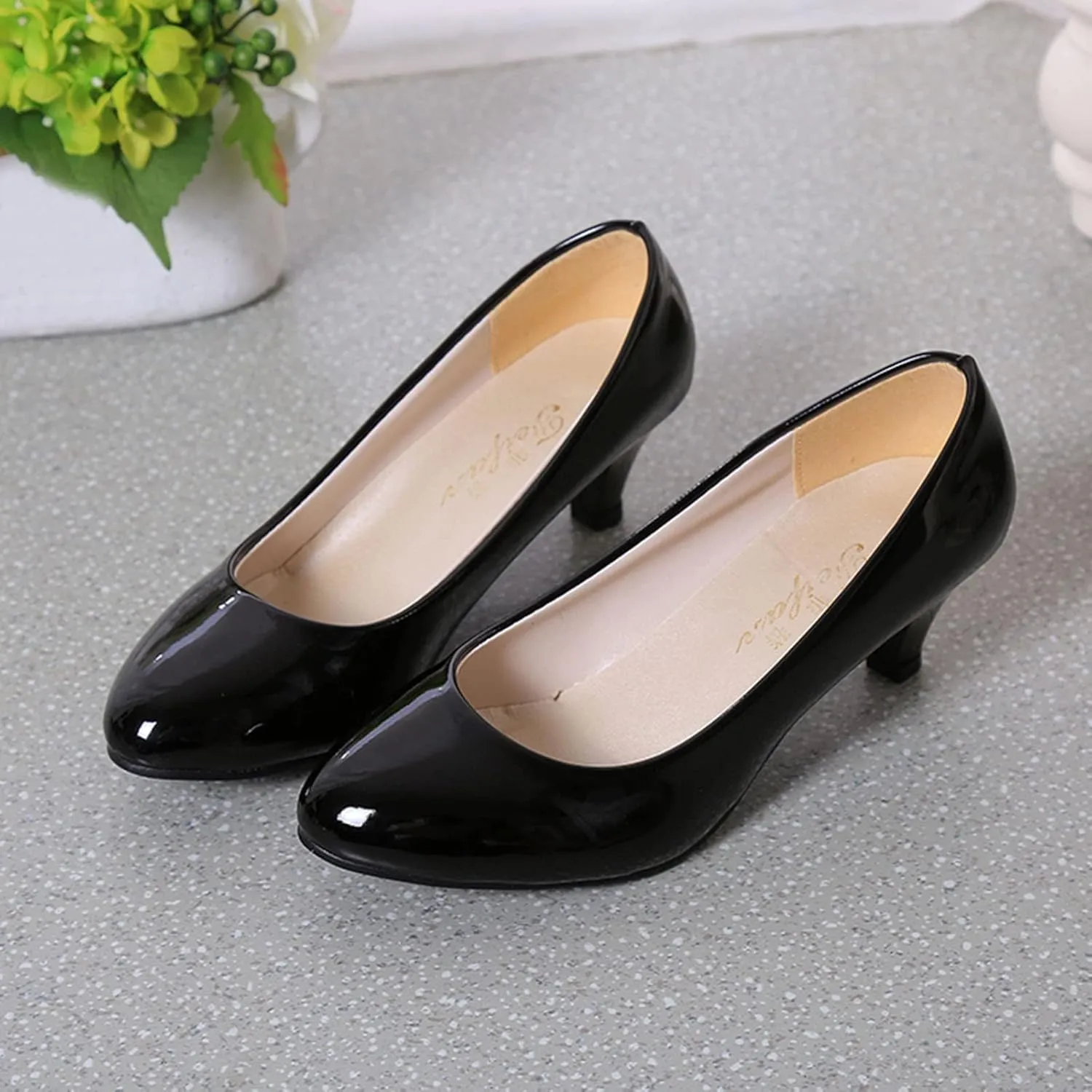 AMDBEL Pumps for Women Low Heel, Women's High Heels Ballet Flats Patent Leather Pointed Toe Stiletto Slip On Dress Pump Shoes