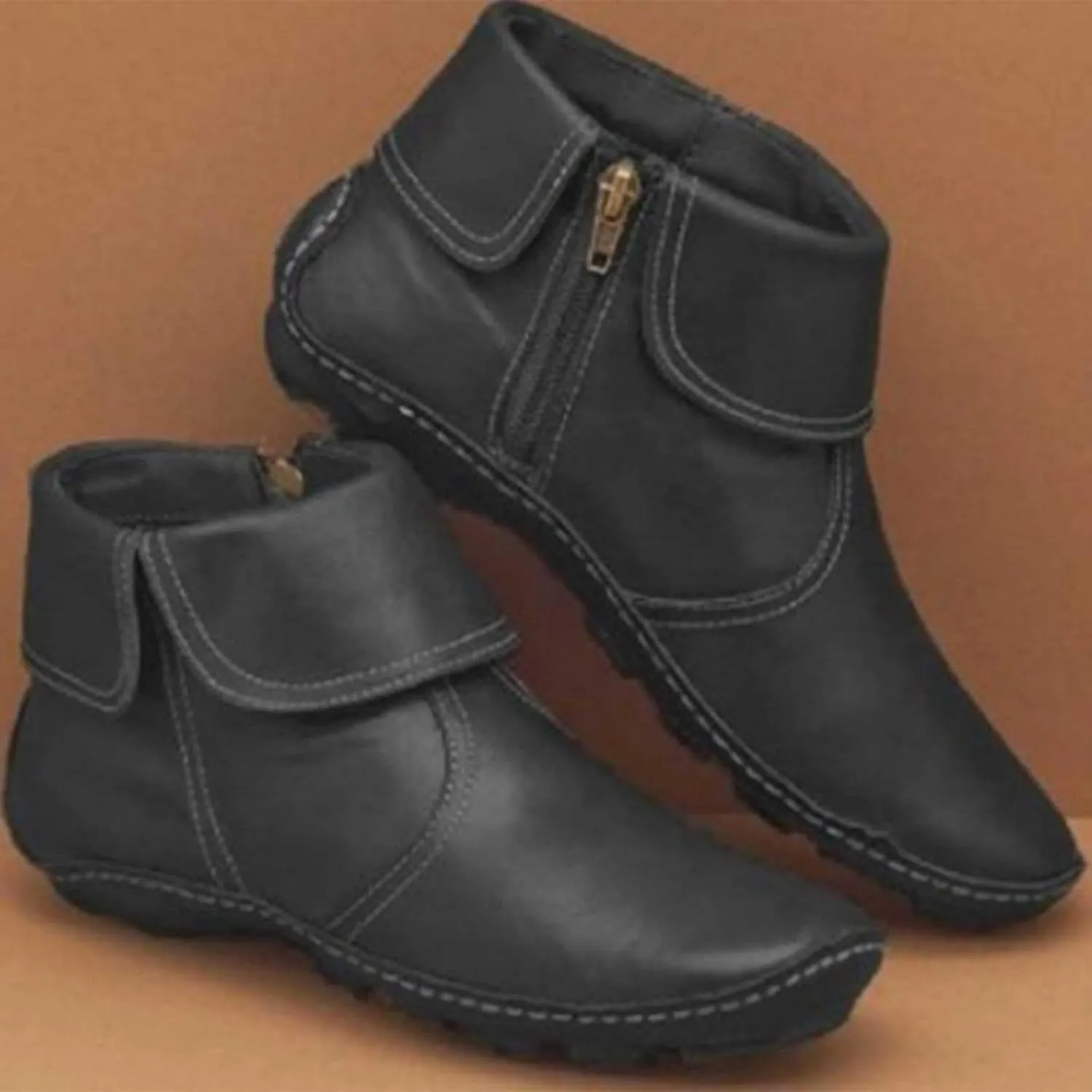 Ankle Boots for Women No Heel New Arch Support Boots Side Zipper Vintage Leather Damping Shoes Flat Heel Booties