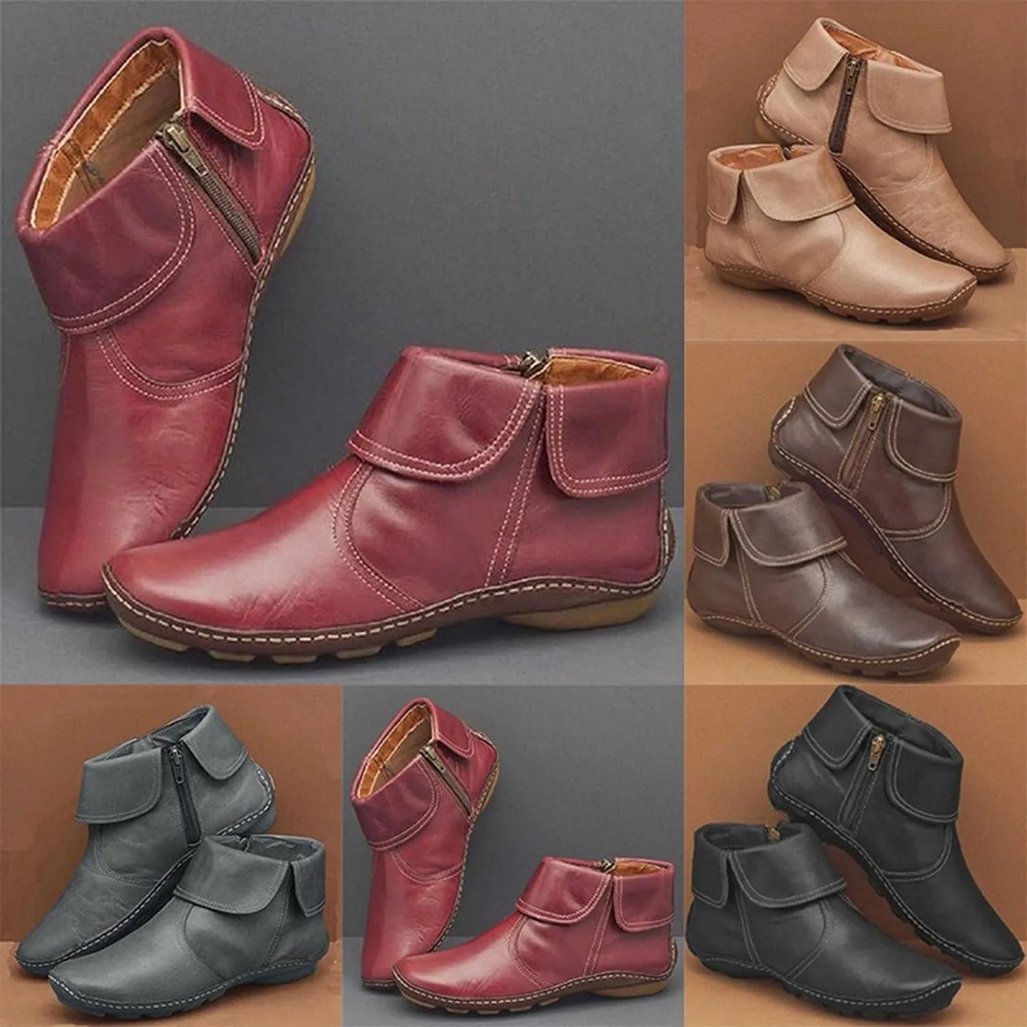 Ankle Boots for Women No Heel New Arch Support Boots Side Zipper Vintage Leather Damping Shoes Flat Heel Booties