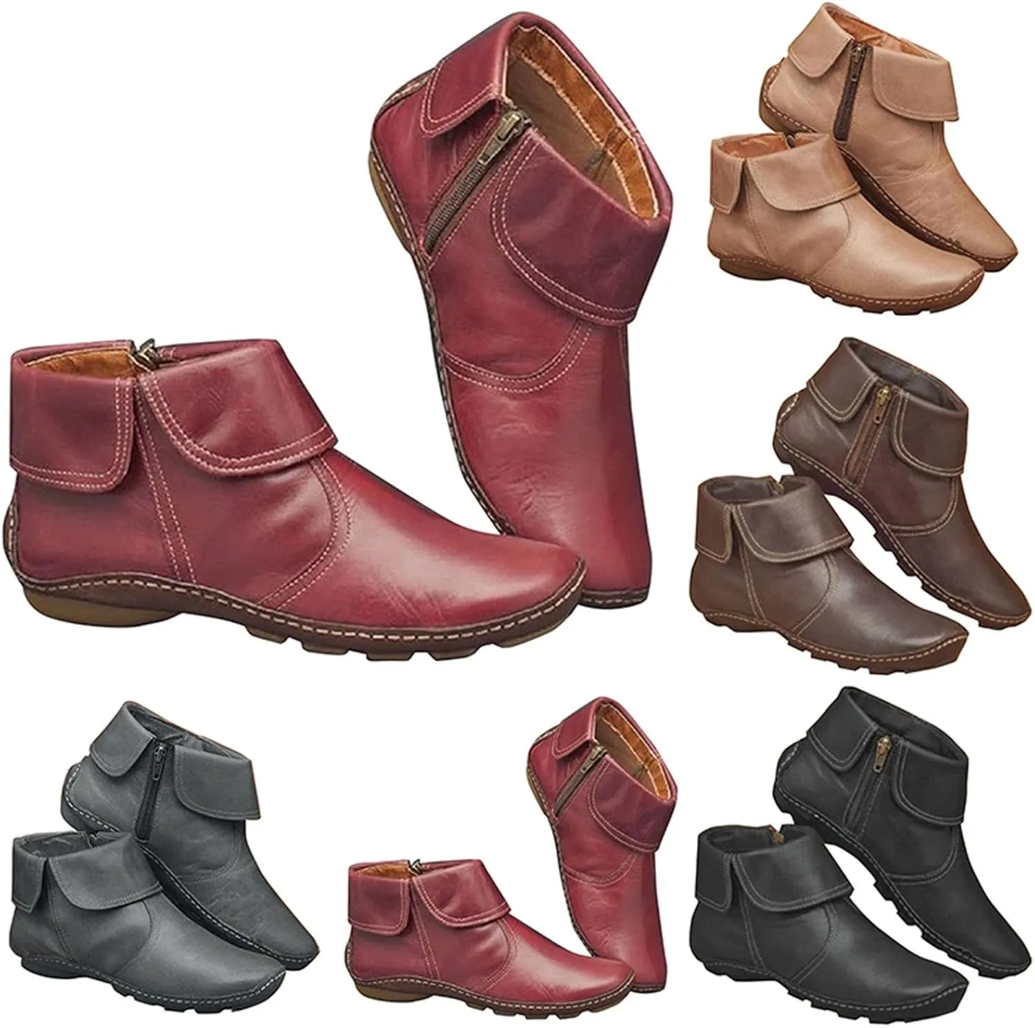 Ankle Boots for Women No Heel New Arch Support Boots Side Zipper Vintage Leather Damping Shoes Flat Heel Booties