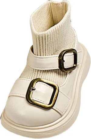 Baby Infant Buckle Straps Boots with Elastic Knitting Socks Unisex Flat Bottom Warm Ankle Boots Little Girl Dress Boots