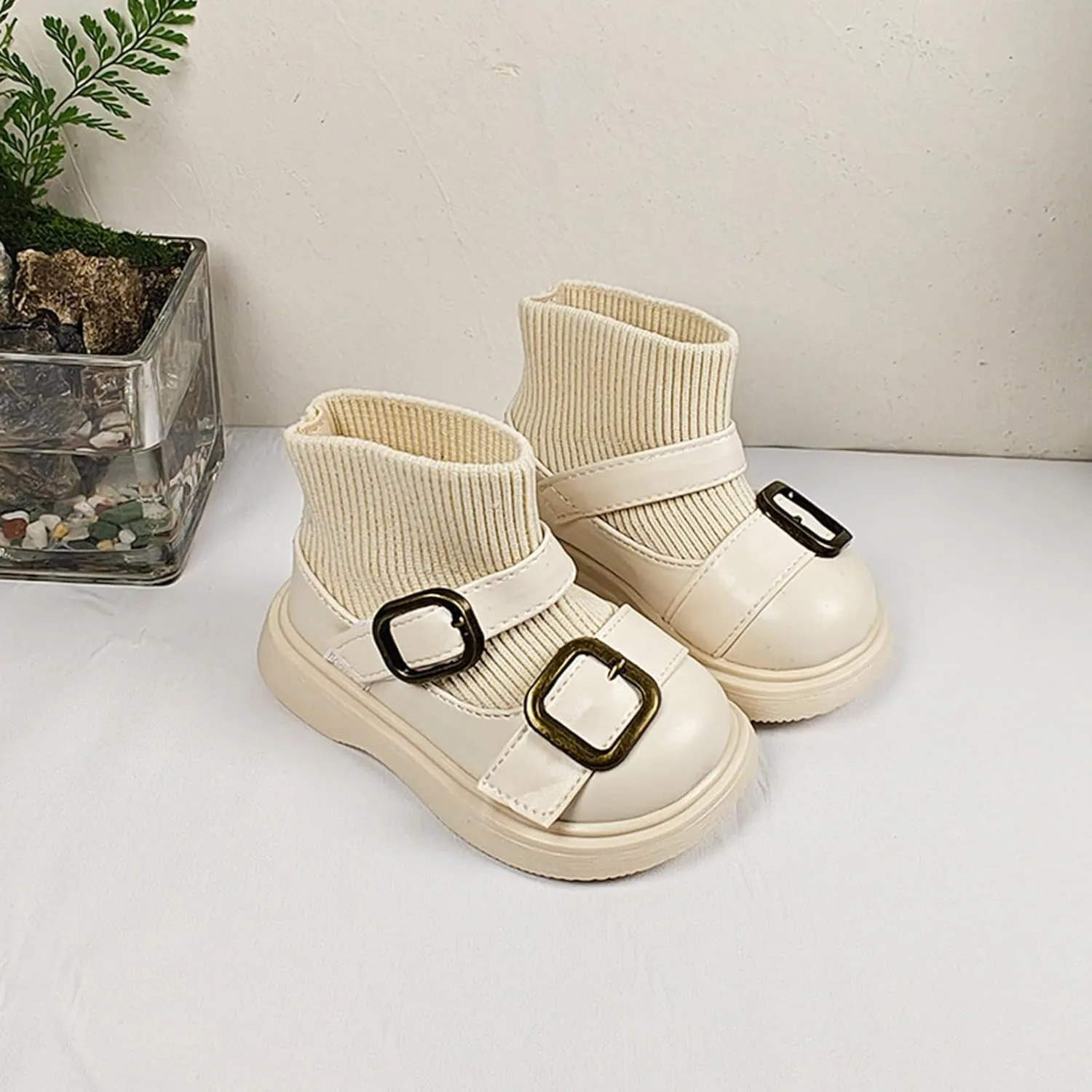 Baby Infant Buckle Straps Boots with Elastic Knitting Socks Unisex Flat Bottom Warm Ankle Boots Little Girl Dress Boots