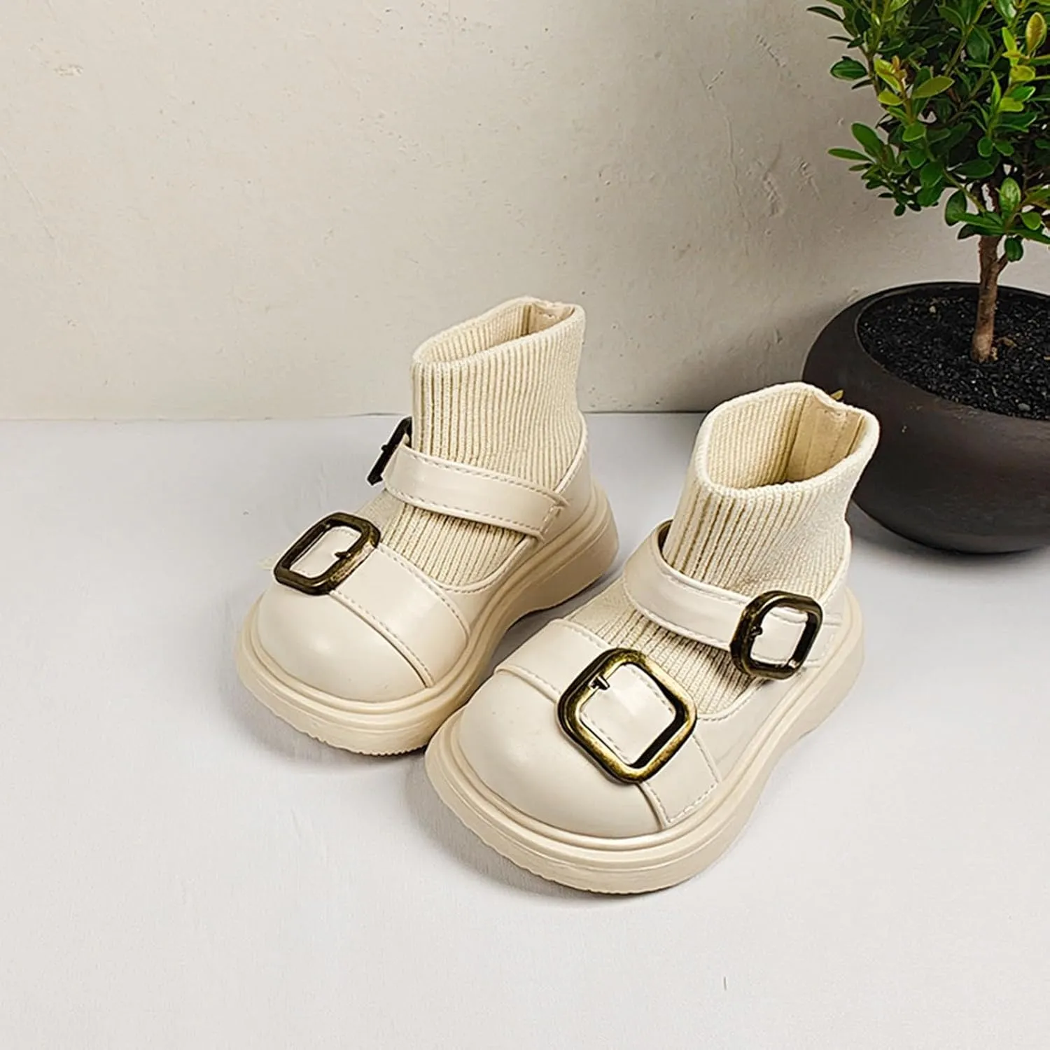 Baby Infant Buckle Straps Boots with Elastic Knitting Socks Unisex Flat Bottom Warm Ankle Boots Little Girl Dress Boots