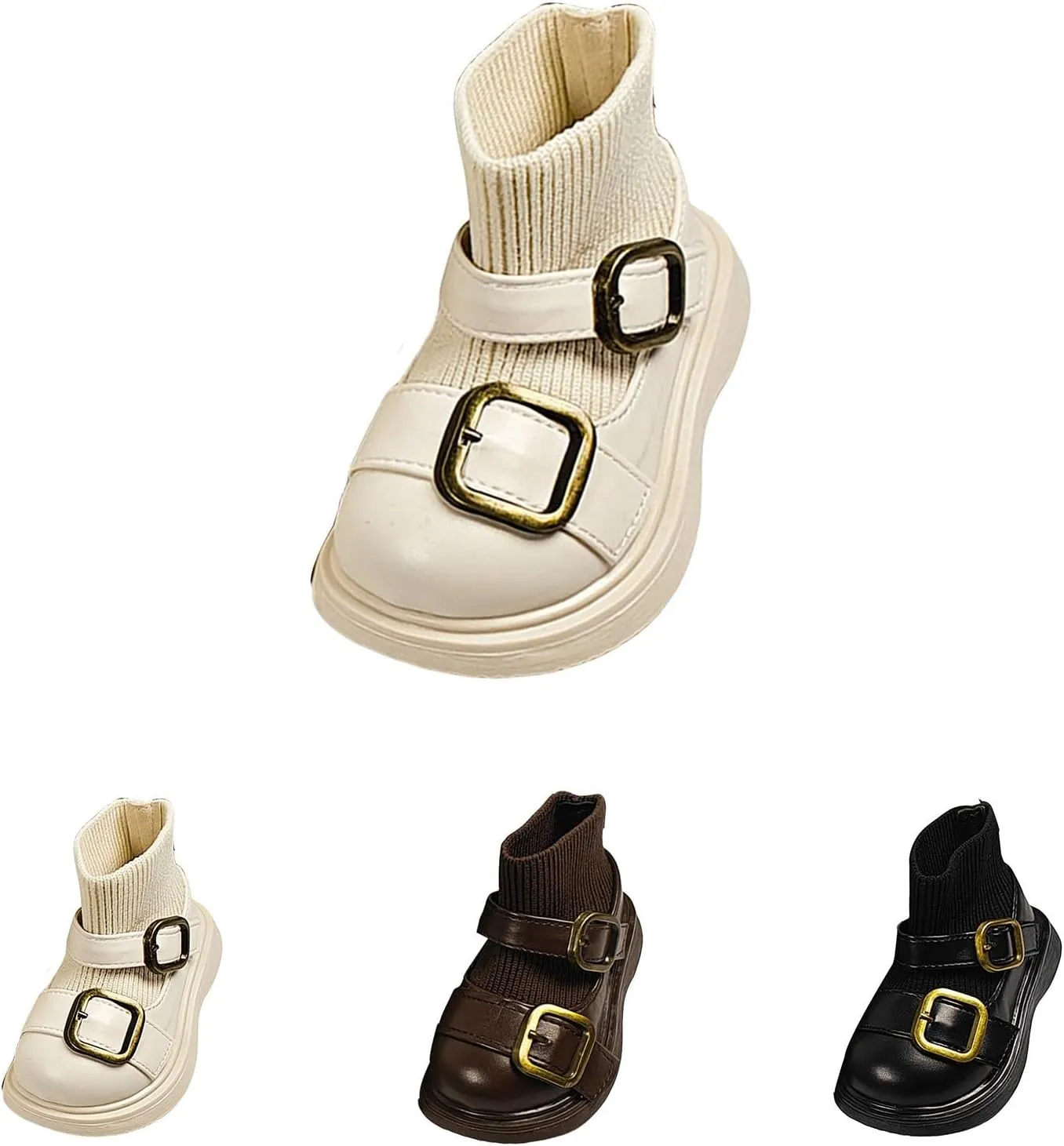 Baby Infant Buckle Straps Boots with Elastic Knitting Socks Unisex Flat Bottom Warm Ankle Boots Little Girl Dress Boots