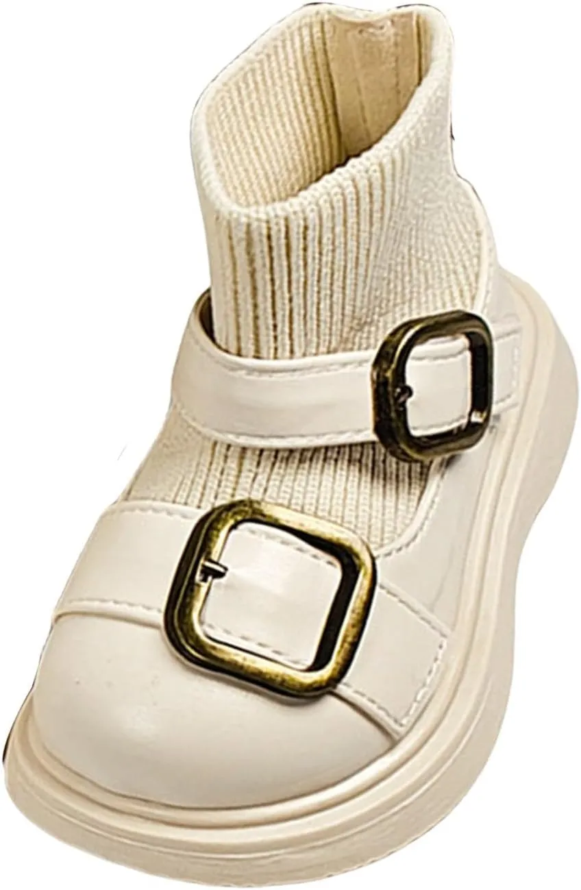 Baby Infant Buckle Straps Boots with Elastic Knitting Socks Unisex Flat Bottom Warm Ankle Boots Little Girl Dress Boots