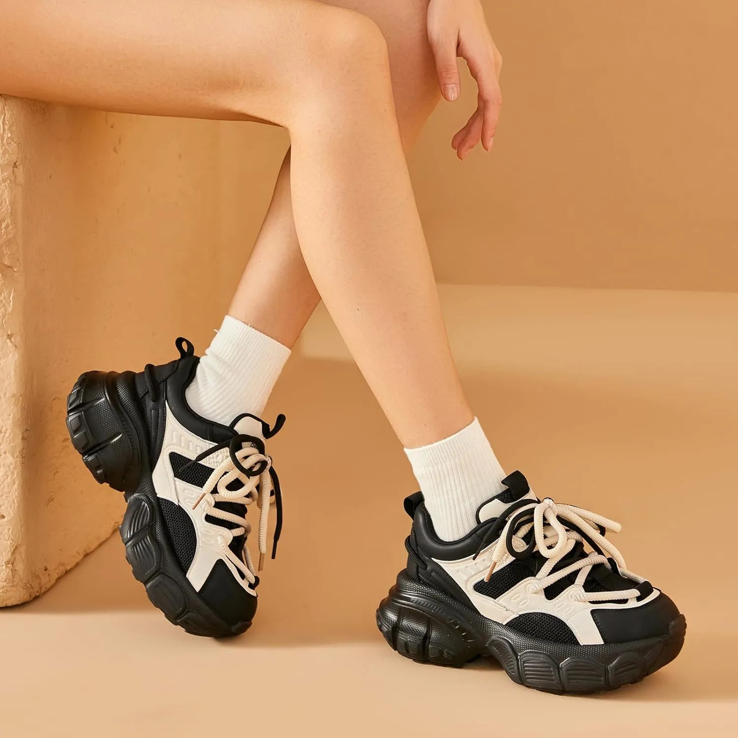BEAU TODAY Chunky Sneakers for Women, Womens Fashion Sneakers, Lace Up Platform Comfortable Leather Casual Dad Shoes