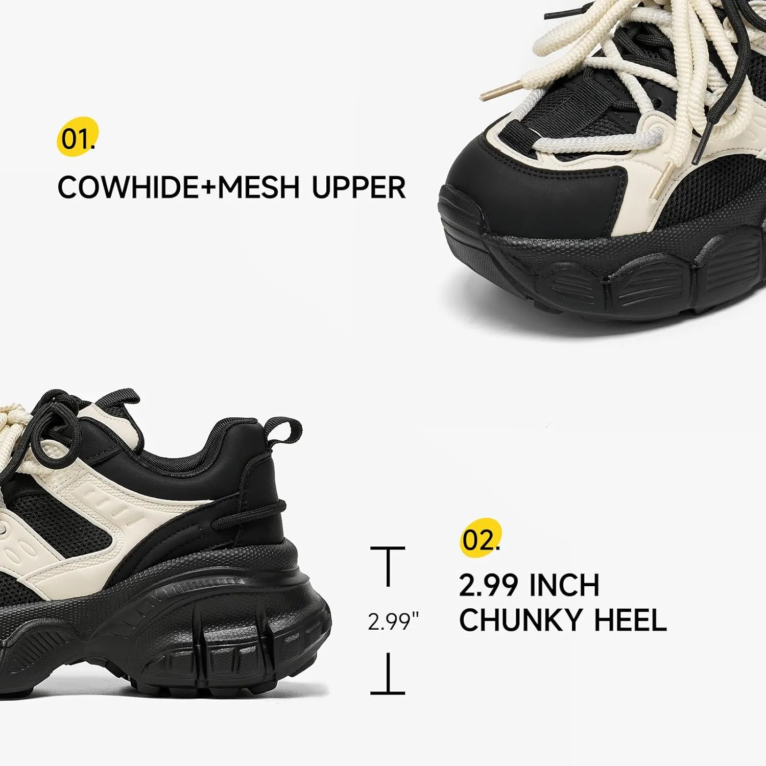 BEAU TODAY Chunky Sneakers for Women, Womens Fashion Sneakers, Lace Up Platform Comfortable Leather Casual Dad Shoes