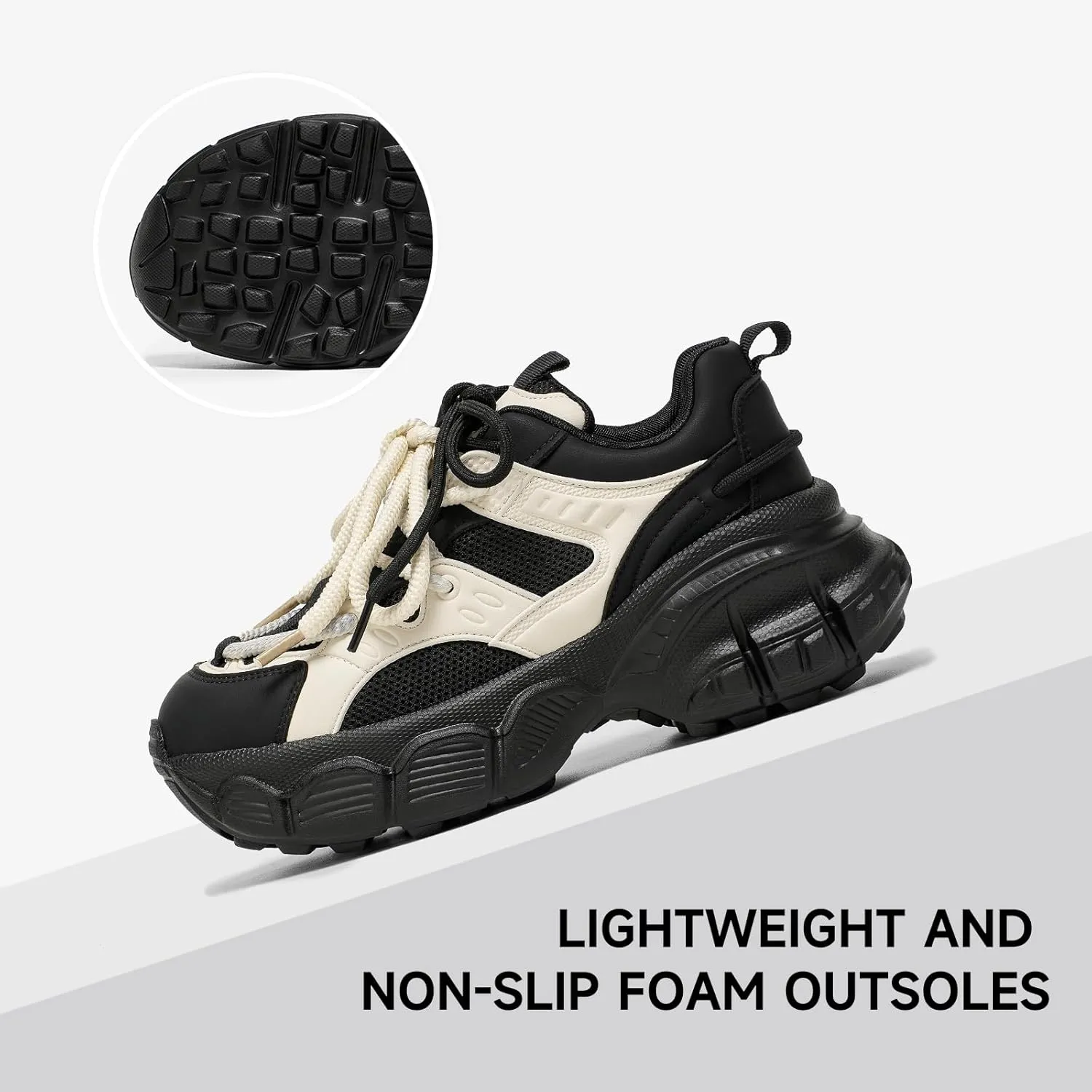 BEAU TODAY Chunky Sneakers for Women, Womens Fashion Sneakers, Lace Up Platform Comfortable Leather Casual Dad Shoes