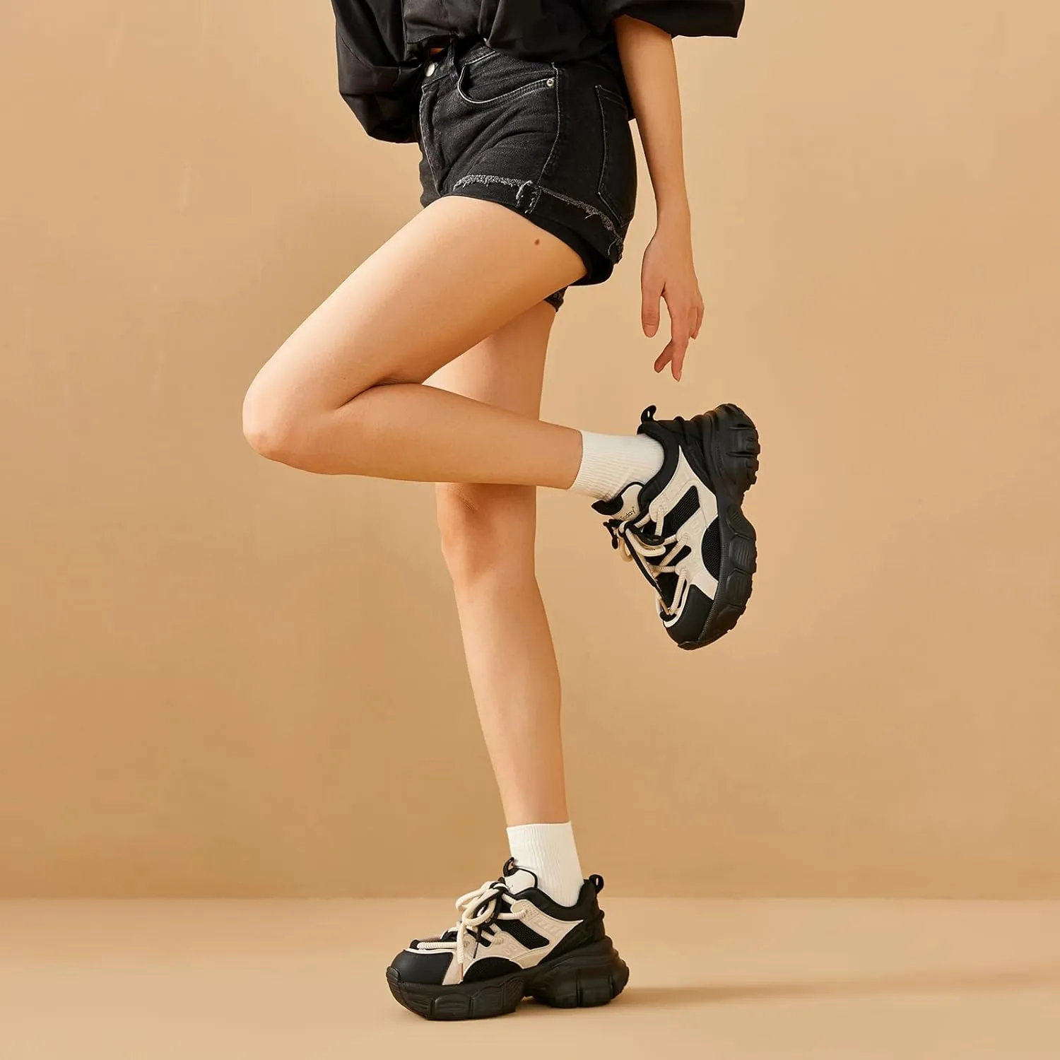 BEAU TODAY Chunky Sneakers for Women, Womens Fashion Sneakers, Lace Up Platform Comfortable Leather Casual Dad Shoes