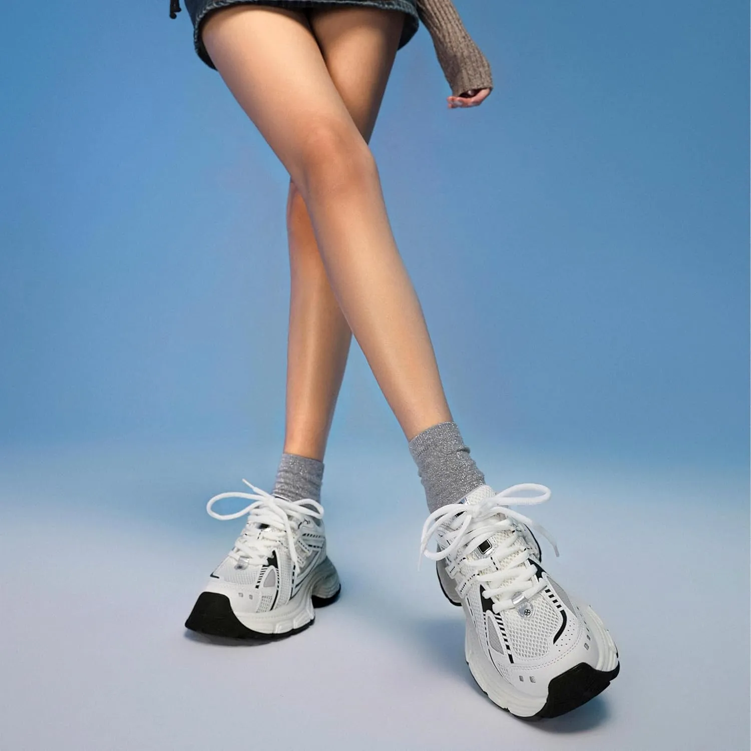 BEAU TODAY Chunky Sneakers for Women, Womens Fashion Sneakers, Lightweight Leather Sneakers for Women, Comfortable Casual Lace-Up Breathable Dad Shoes