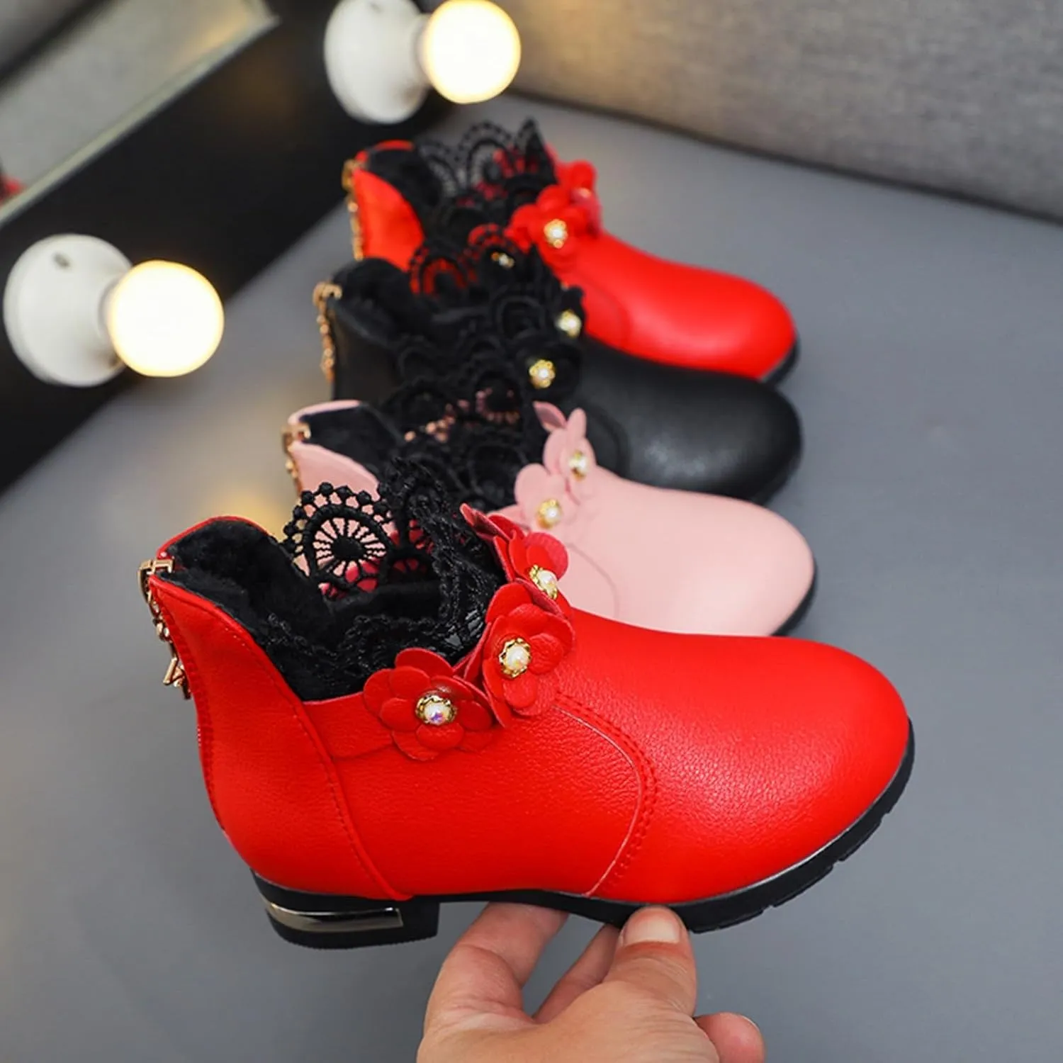 Big Kids Girls Fashion Ankle Boots Low Tube 3D Flower Faux  Lined Leather Boots Winter Formal Dress Shoes