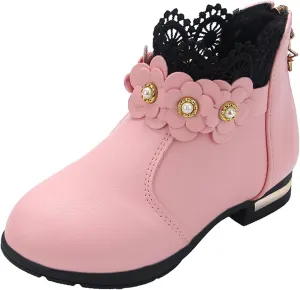 Big Kids Girls Fashion Ankle Boots Low Tube 3D Flower Faux  Lined Leather Boots Winter Formal Dress Shoes
