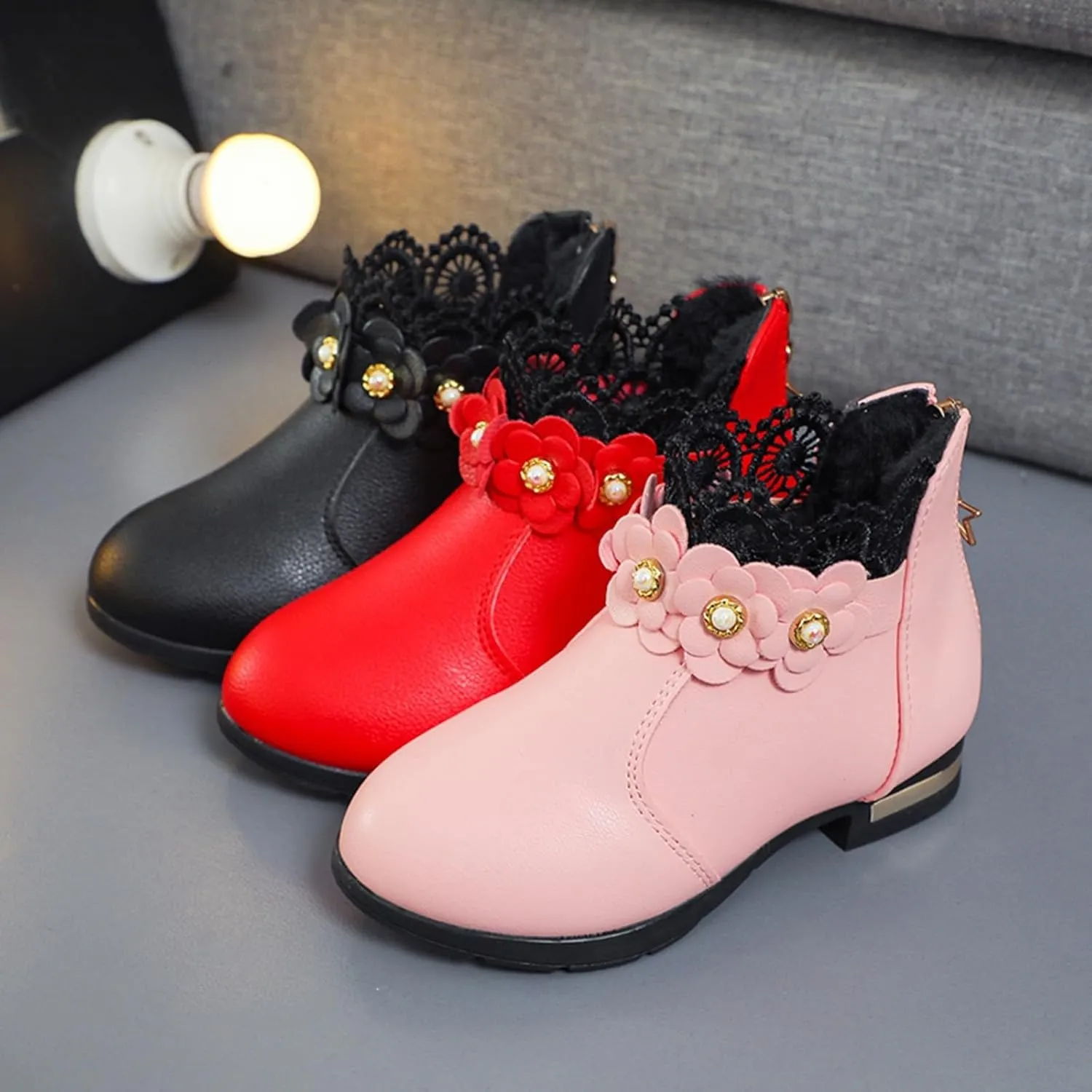 Big Kids Girls Fashion Ankle Boots Low Tube 3D Flower Faux  Lined Leather Boots Winter Formal Dress Shoes