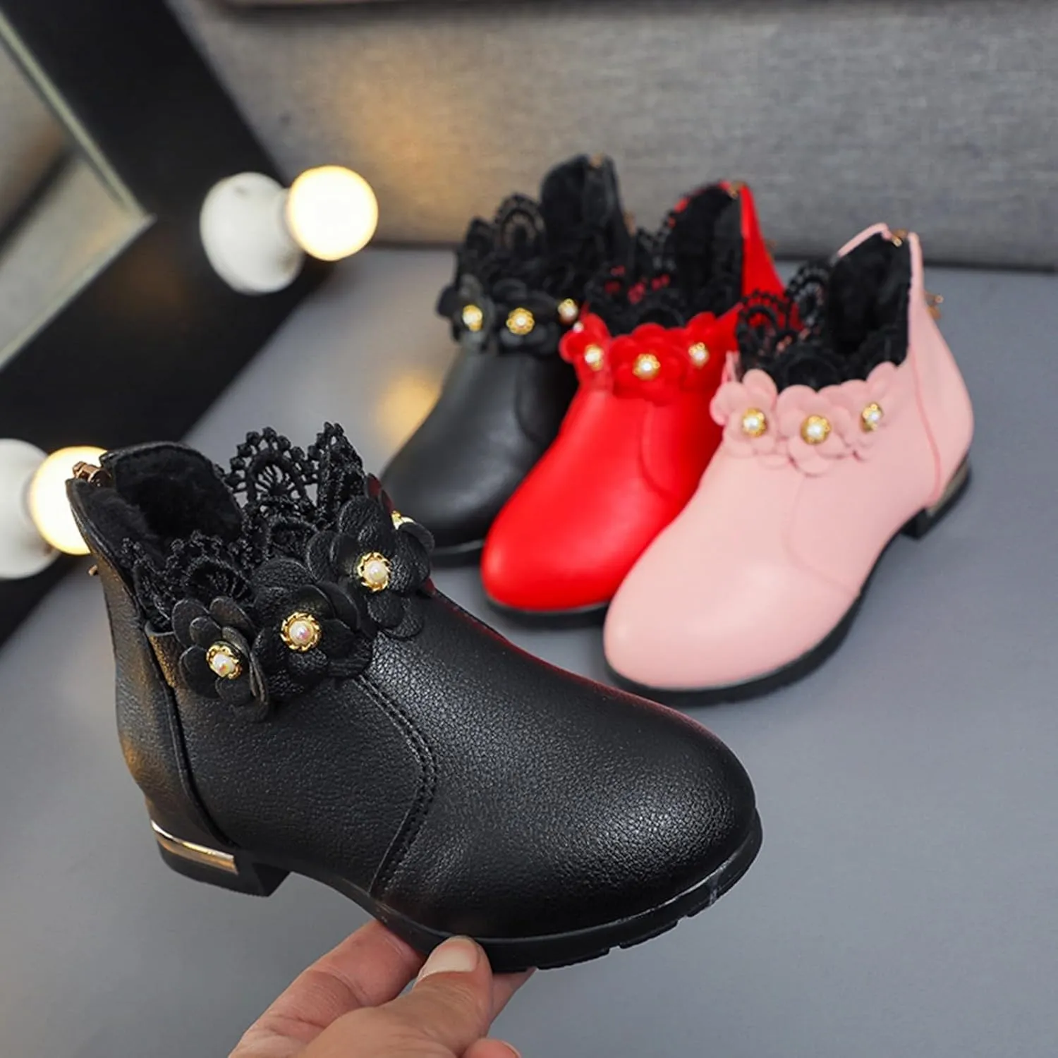 Big Kids Girls Fashion Ankle Boots Low Tube 3D Flower Faux  Lined Leather Boots Winter Formal Dress Shoes