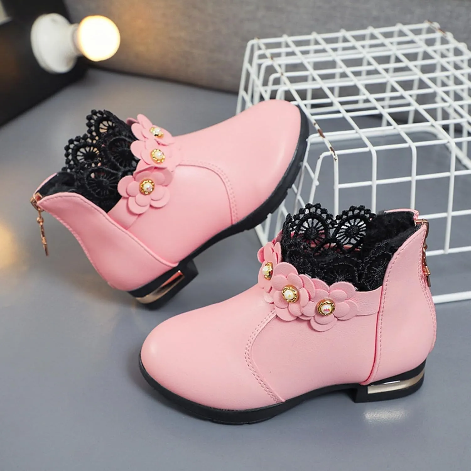 Big Kids Girls Fashion Ankle Boots Low Tube 3D Flower Faux  Lined Leather Boots Winter Formal Dress Shoes