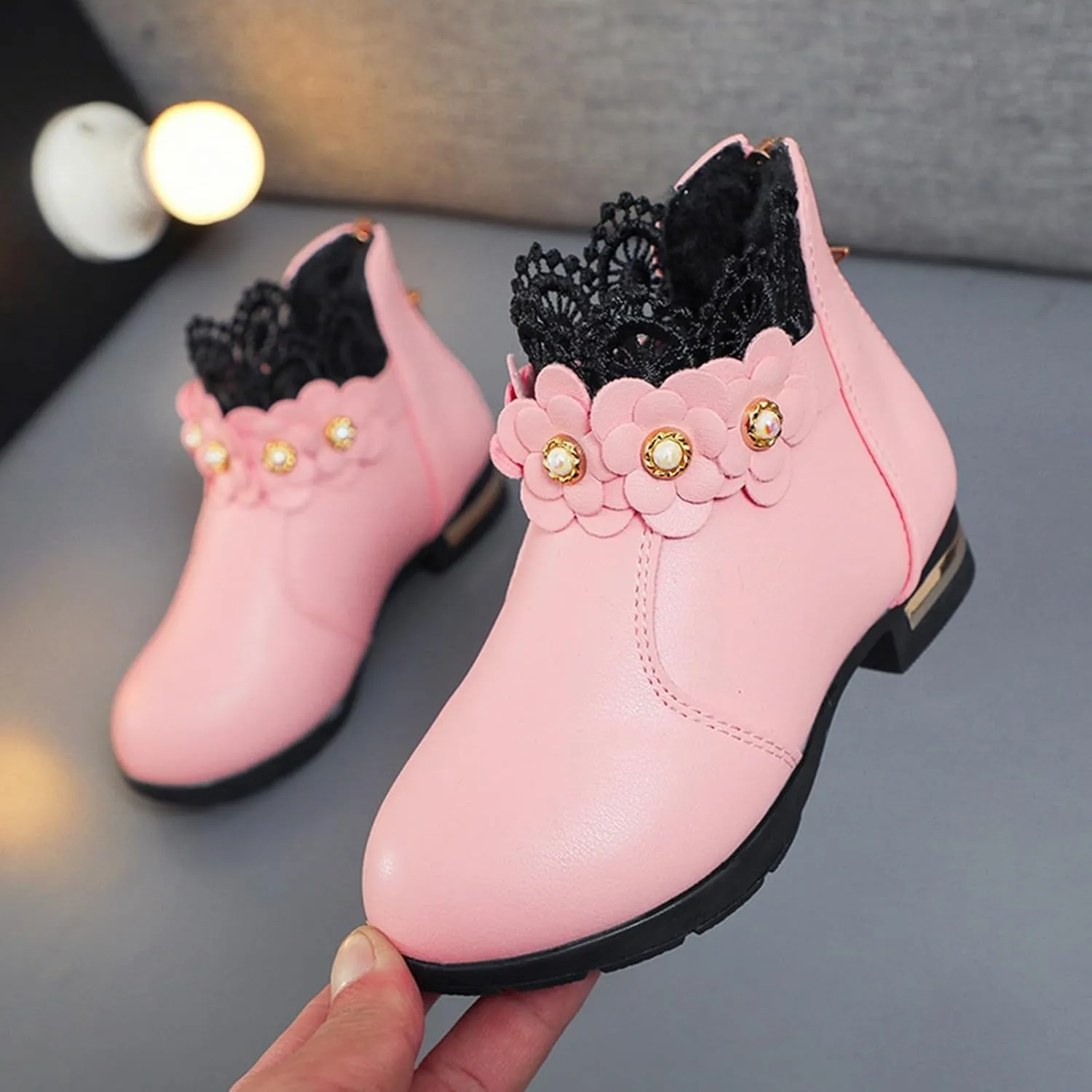 Big Kids Girls Fashion Ankle Boots Low Tube 3D Flower Faux  Lined Leather Boots Winter Formal Dress Shoes