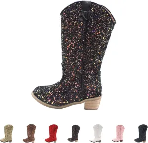 Boots for Little Girls Mid Calf Pointed Toe Kid Cowboy Boots Side Zipper Classic Embroidered Western Boots Horse Riding Shoes for Toddler Kids