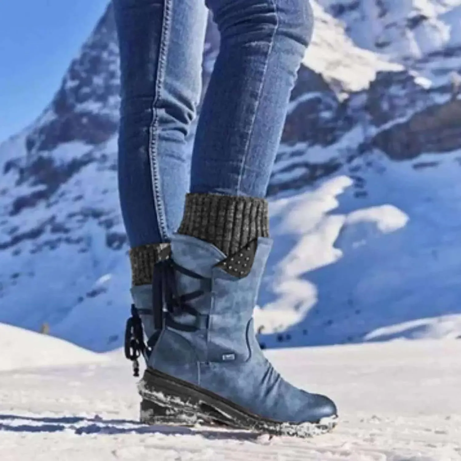 Boots for Women Trendy Winter Mid Calf Side Zip Low Heel Western Platform Hiking Booties Warm Non Slip Outdoor Shoes