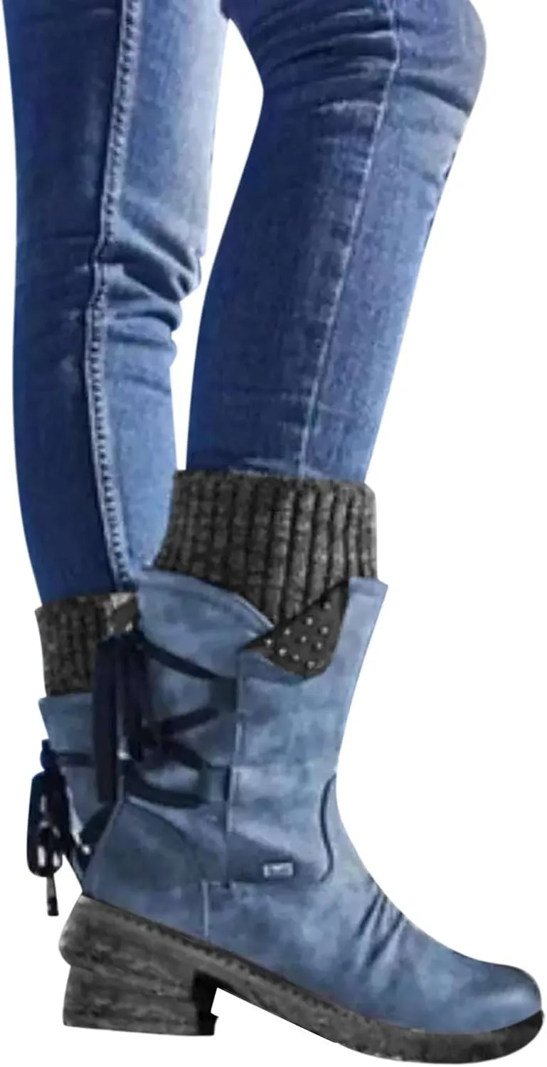 Boots for Women Trendy Winter Mid Calf Side Zip Low Heel Western Platform Hiking Booties Warm Non Slip Outdoor Shoes