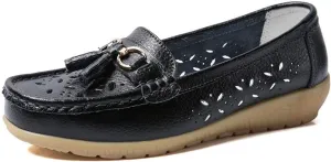 Casual Leather Wedge Shoes for Women Carved Flat Shoes Comfortable Driving Shoes