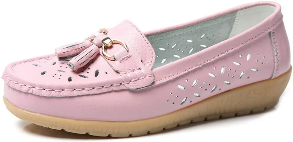 Casual Leather Wedge Shoes for Women Carved Flat Shoes Comfortable Driving Shoes