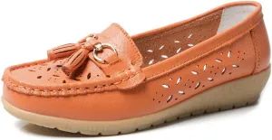 Casual Leather Wedge Shoes for Women Carved Flat Shoes Comfortable Driving Shoes