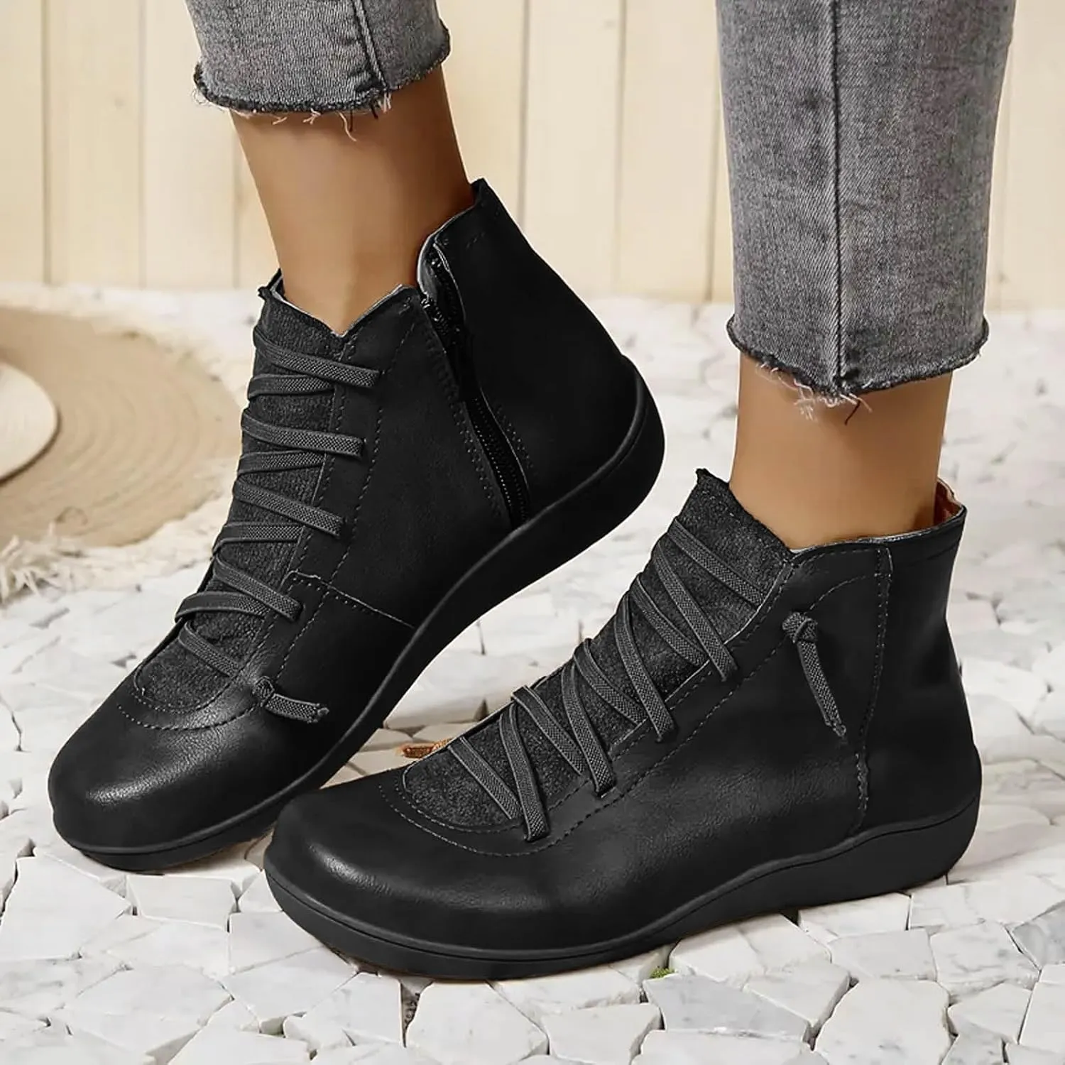 Cathalem Ankle Boots for Women, Womens Arch Support Low Heel Fashion Lace Up Zipper Booties Casual Walking Short Booties