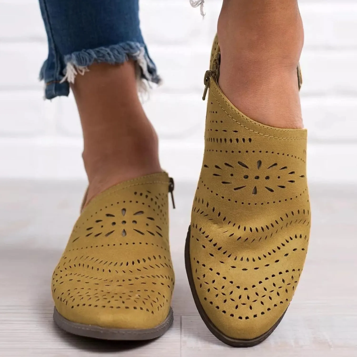 Cathalem Booties for Women Casual Slip On Loafers Pointed Toe Chunky Block Low Heel Shoes Cut out Office Dress Casual Booties