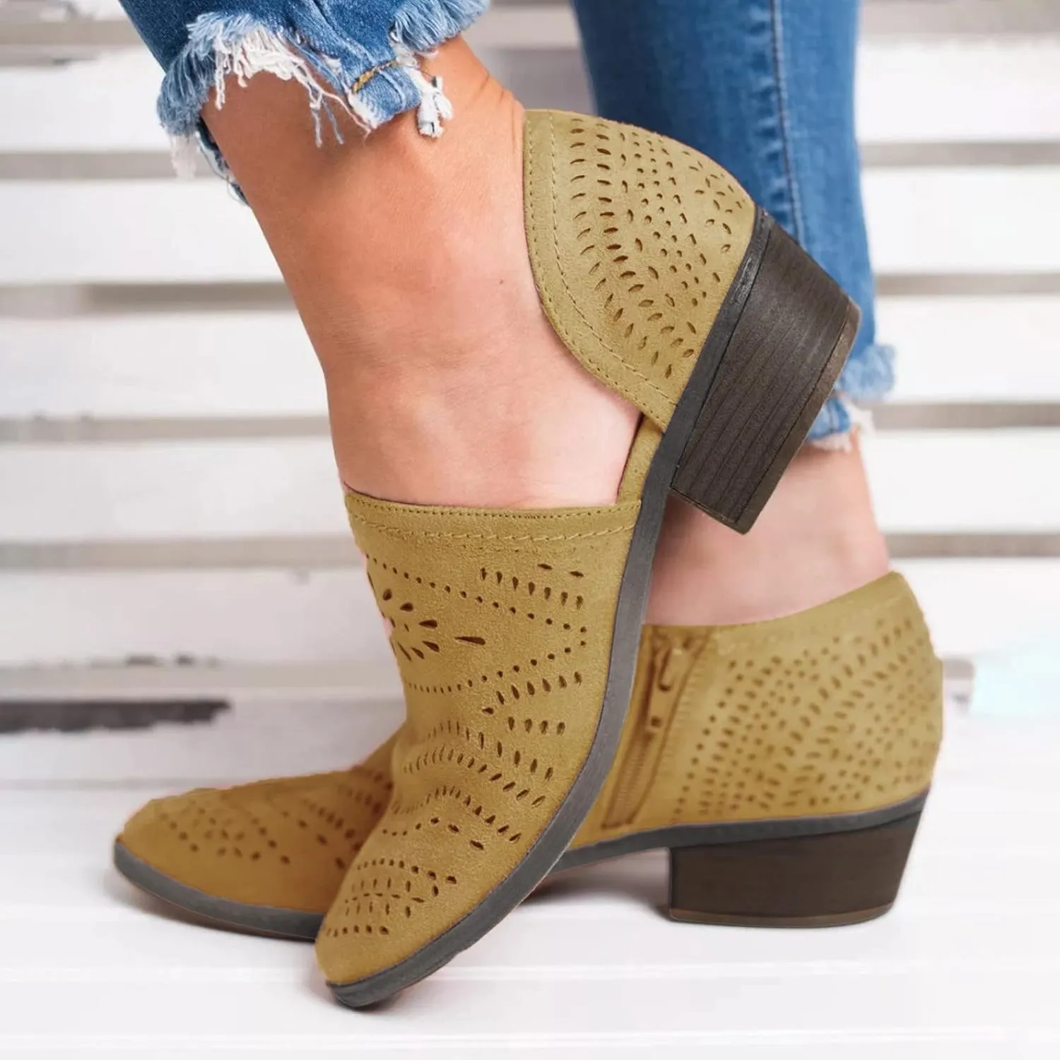 Cathalem Booties for Women Casual Slip On Loafers Pointed Toe Chunky Block Low Heel Shoes Cut out Office Dress Casual Booties