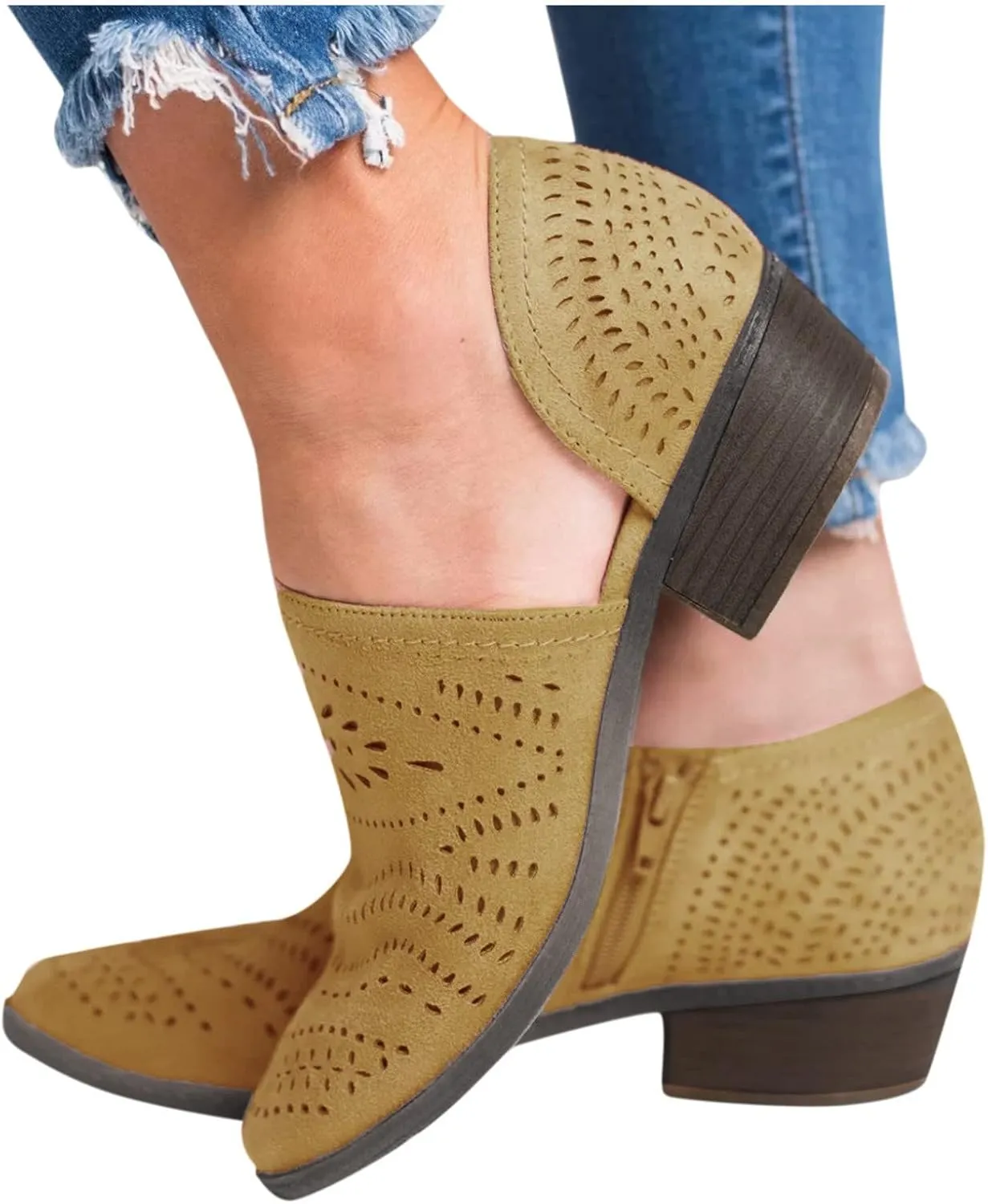Cathalem Booties for Women Casual Slip On Loafers Pointed Toe Chunky Block Low Heel Shoes Cut out Office Dress Casual Booties