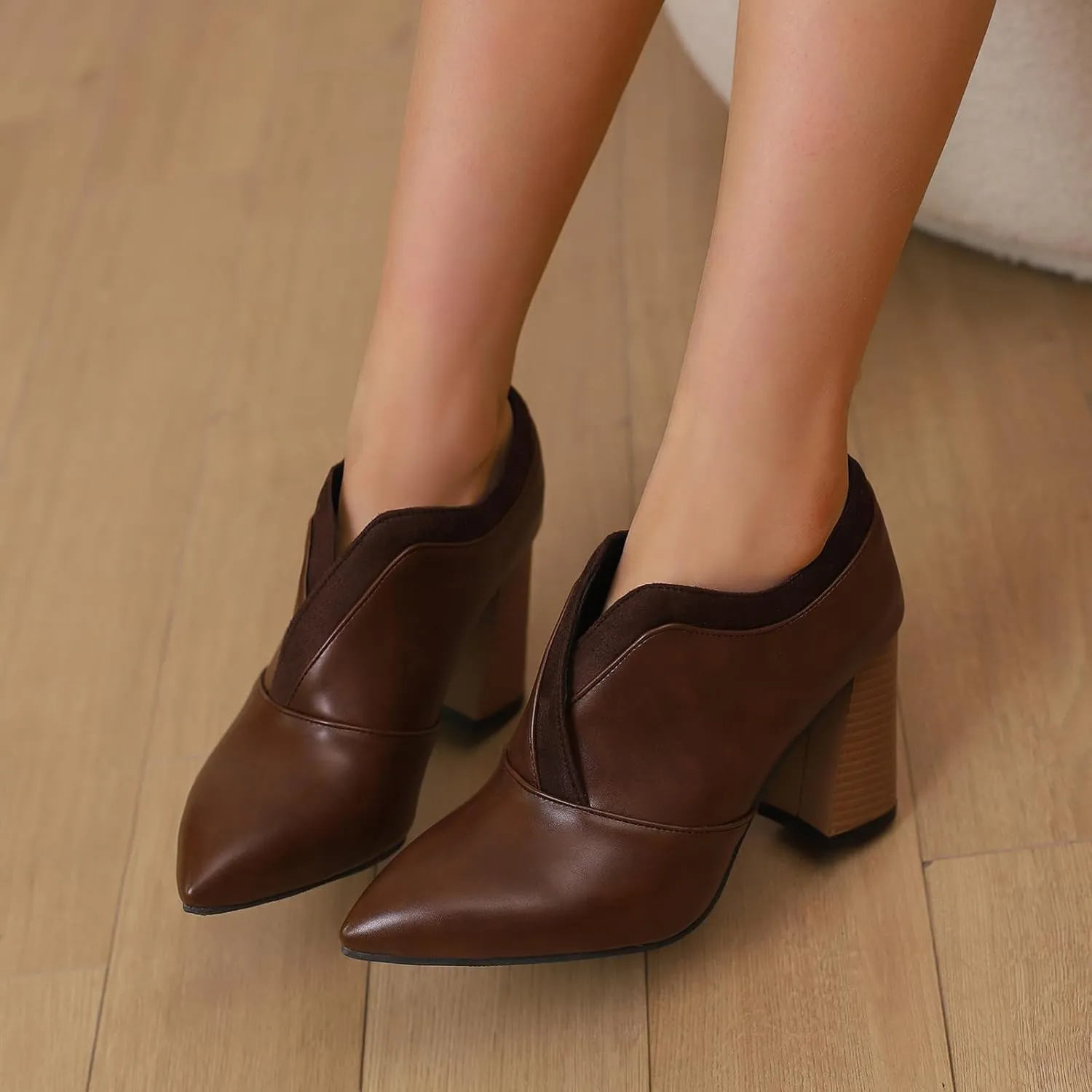 Chunky High Heels Loafers Womens Pointed Toe Court Shoes