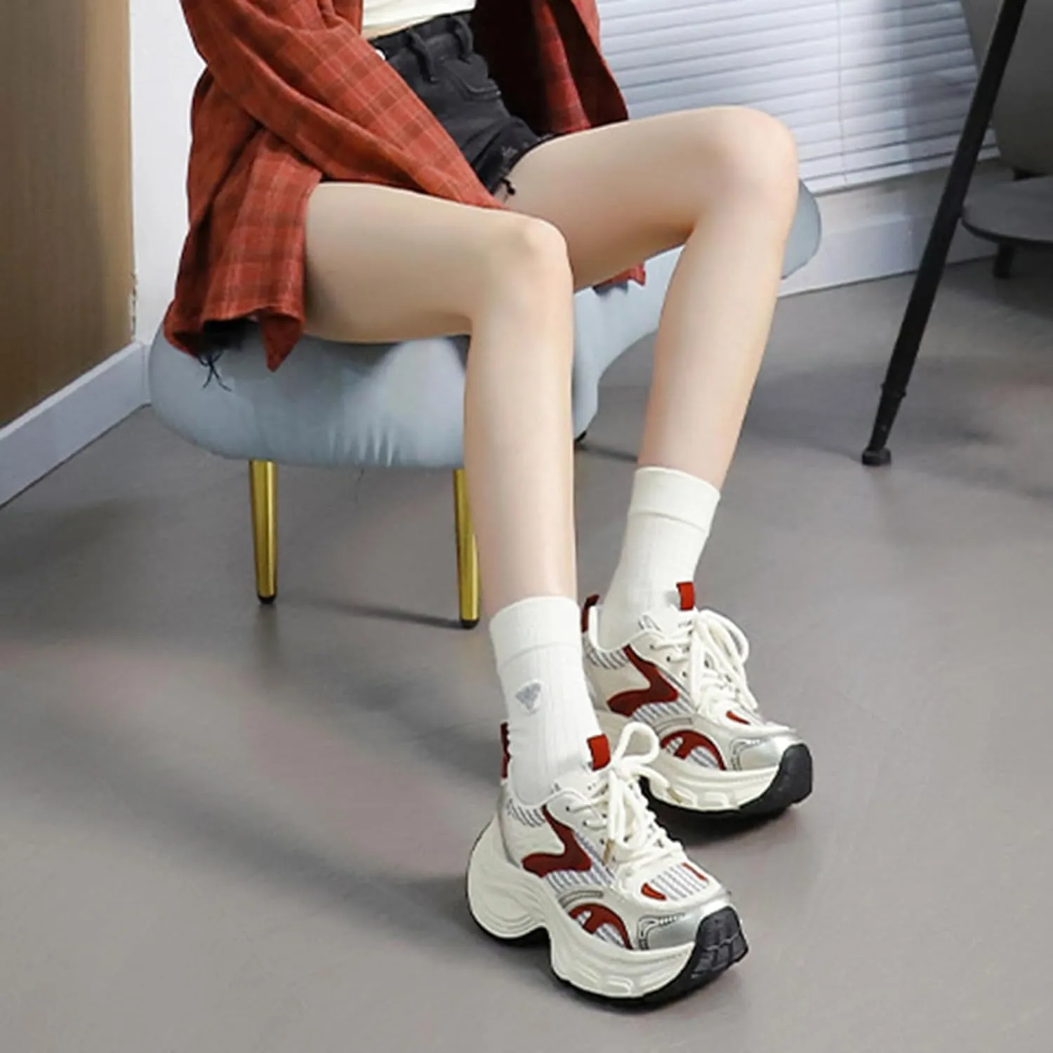 Chunky Lace-Up Fashion Sneakers for Women - Platform Trainers for Spring,Autumn,Travel - Dad Shoes with Versatile Style,Breathable Material - Casual Styles,Red-39