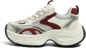 Chunky Lace-Up Fashion Sneakers for Women - Platform Trainers for Spring,Autumn,Travel - Dad Shoes with Versatile Style,Breathable Material - Casual Styles,Red-39