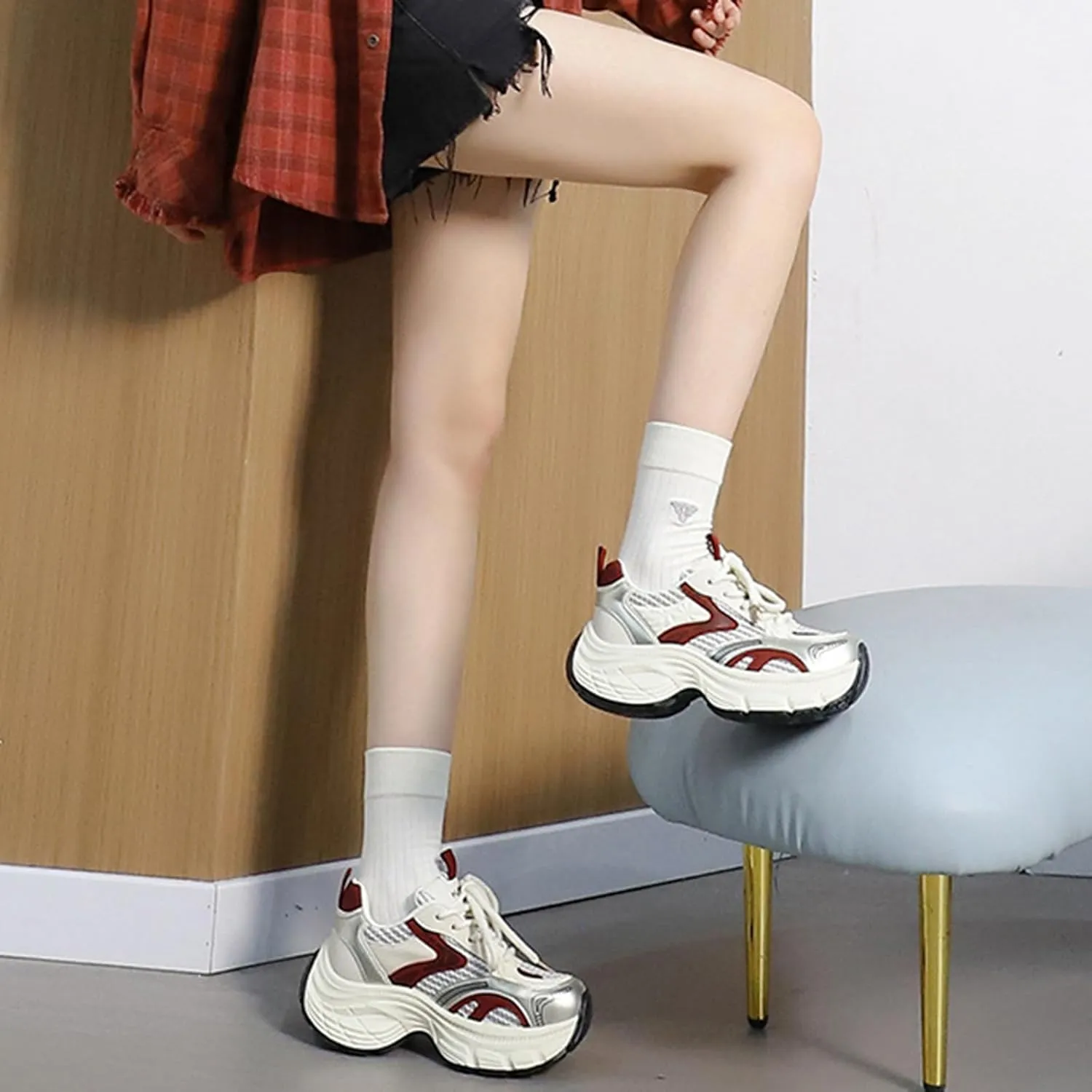 Chunky Lace-Up Fashion Sneakers for Women - Platform Trainers for Spring,Autumn,Travel - Dad Shoes with Versatile Style,Breathable Material - Casual Styles,Red-39