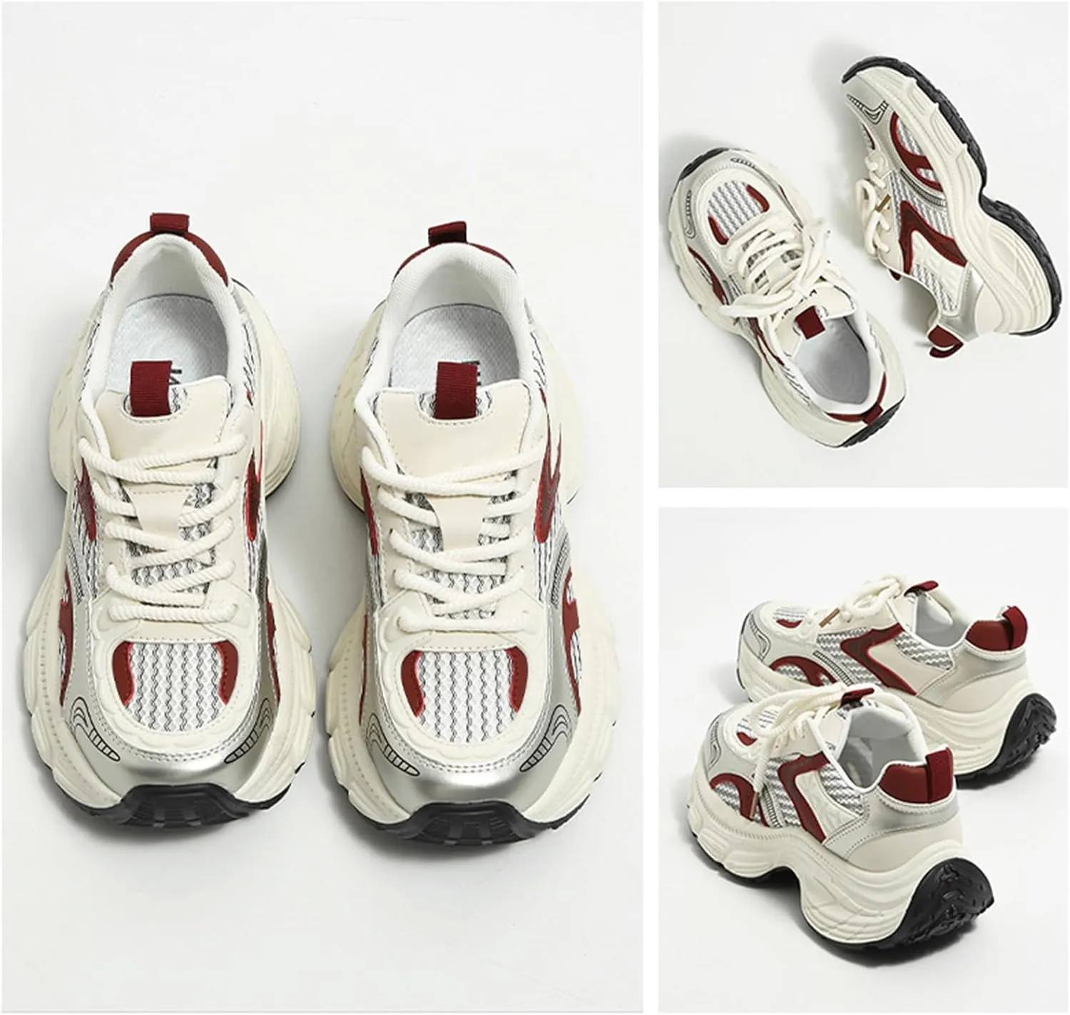 Chunky Lace-Up Fashion Sneakers for Women - Platform Trainers for Spring,Autumn,Travel - Dad Shoes with Versatile Style,Breathable Material - Casual Styles,Red-39
