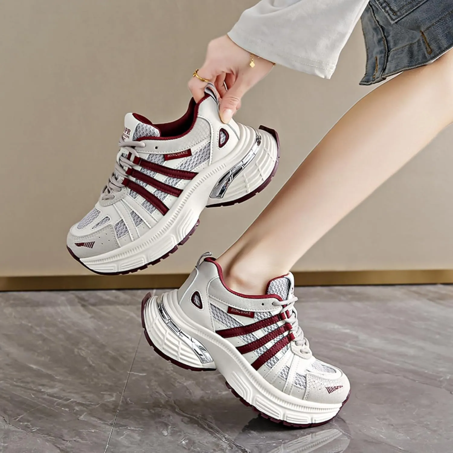 Chunky Sneakers for Women, Womens Fashion Sneakers, Lightweight Leather Sneakers for Women, Comfortable Casual Lace-Up Breathable Dad Shoes