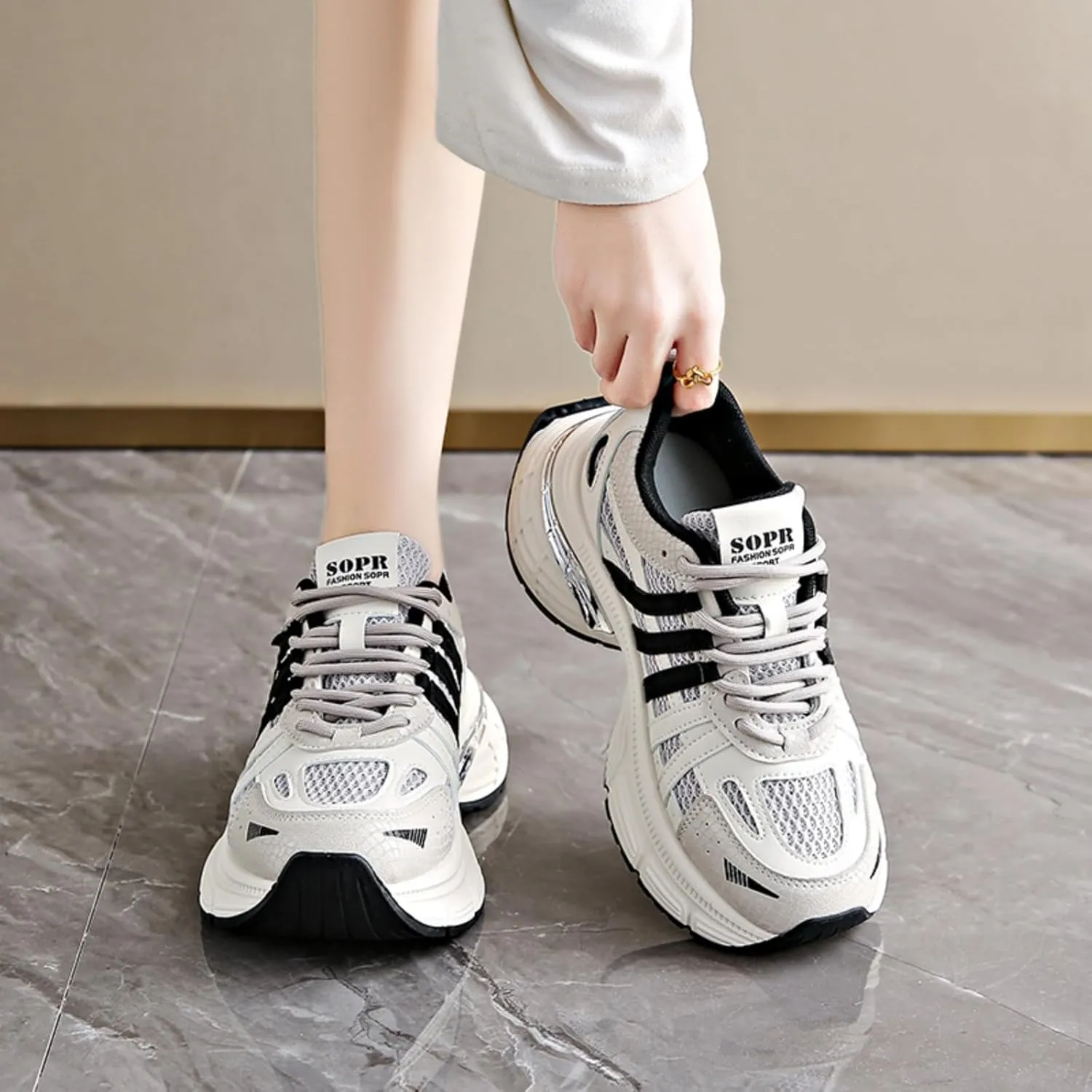 Chunky Sneakers for Women, Womens Fashion Sneakers, Lightweight Leather Sneakers for Women, Comfortable Casual Lace-Up Breathable Dad Shoes
