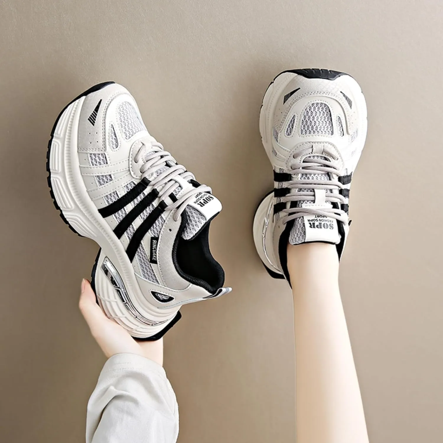 Chunky Sneakers for Women, Womens Fashion Sneakers, Lightweight Leather Sneakers for Women, Comfortable Casual Lace-Up Breathable Dad Shoes