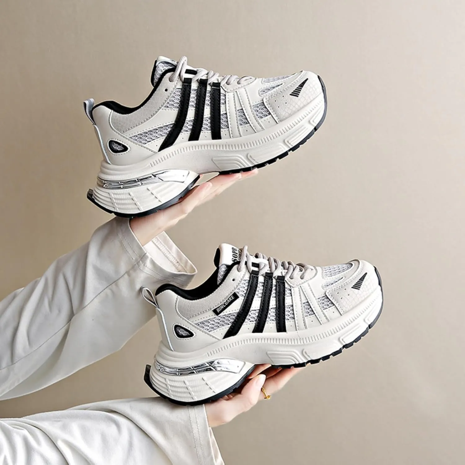 Chunky Sneakers for Women, Womens Fashion Sneakers, Lightweight Leather Sneakers for Women, Comfortable Casual Lace-Up Breathable Dad Shoes