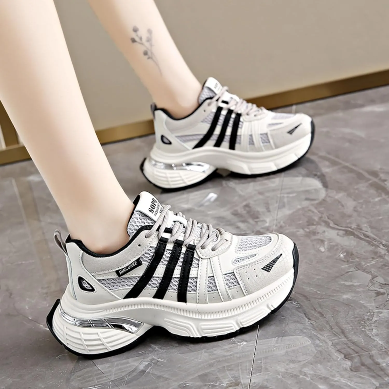 Chunky Sneakers for Women, Womens Fashion Sneakers, Lightweight Leather Sneakers for Women, Comfortable Casual Lace-Up Breathable Dad Shoes