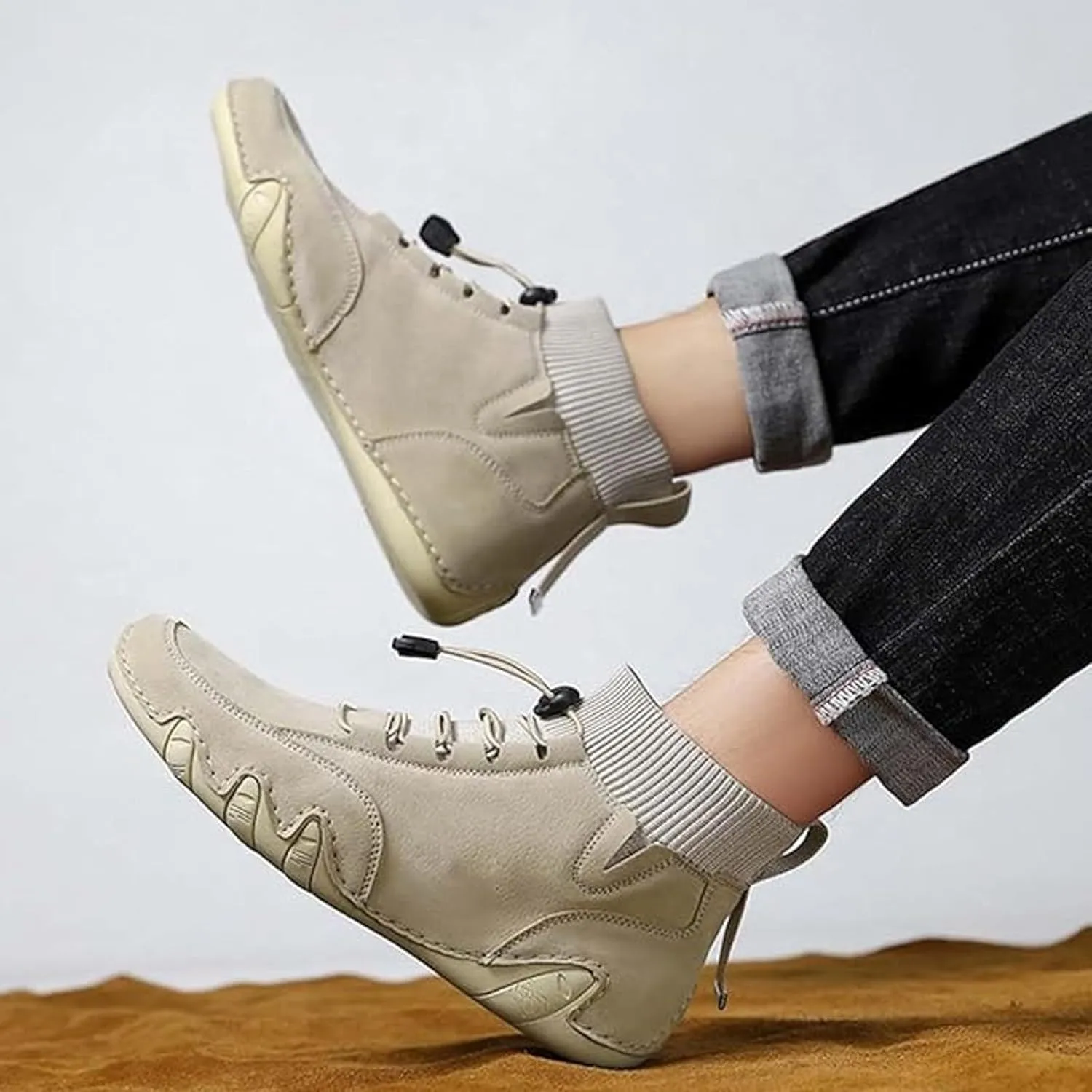 Couple's High Top Casual Shoes Casual Leather Water Proof Boots Splicing Leather Shoes Soft Soled Semi Casual Shoes Men
