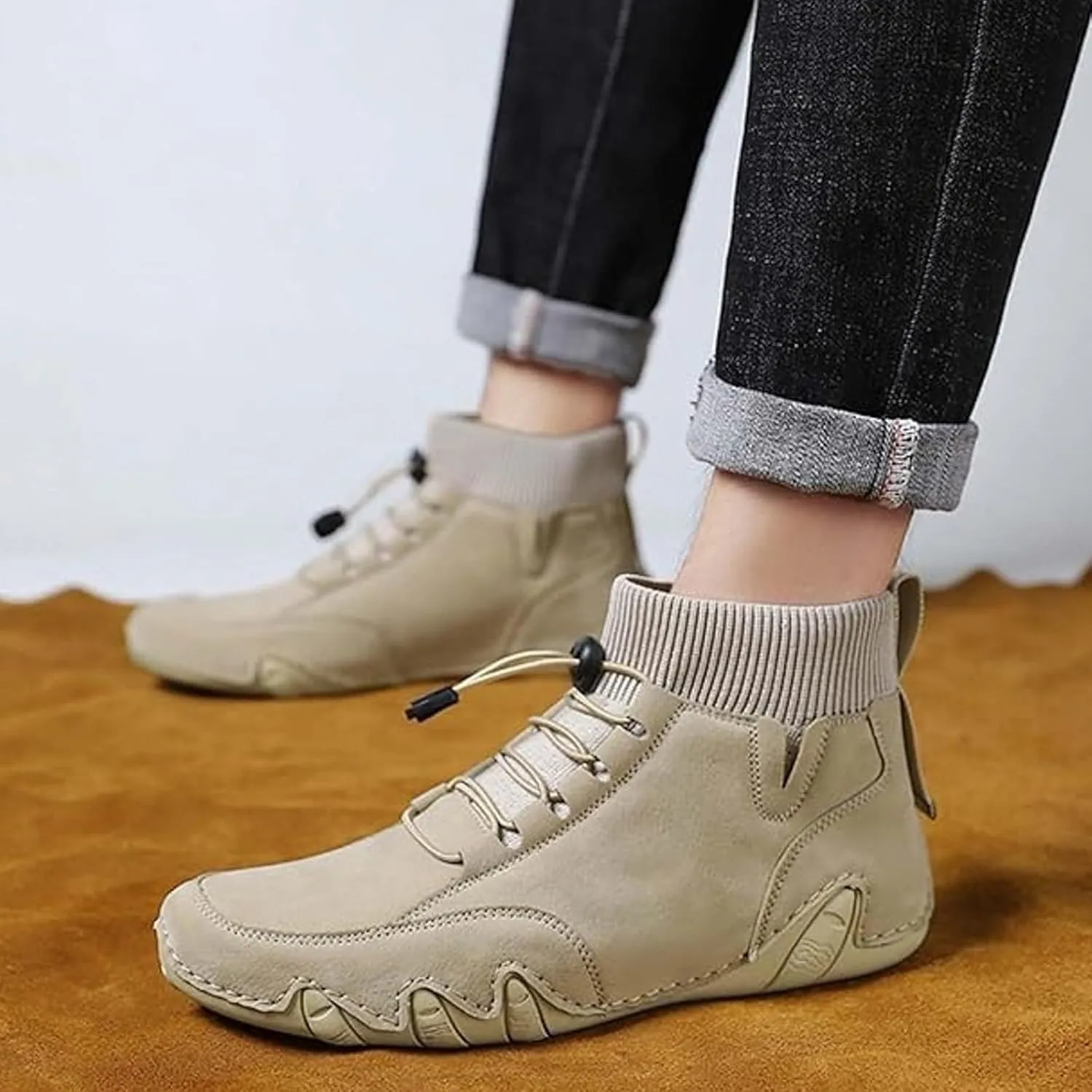 Couple's High Top Casual Shoes Casual Leather Water Proof Boots Splicing Leather Shoes Soft Soled Semi Casual Shoes Men