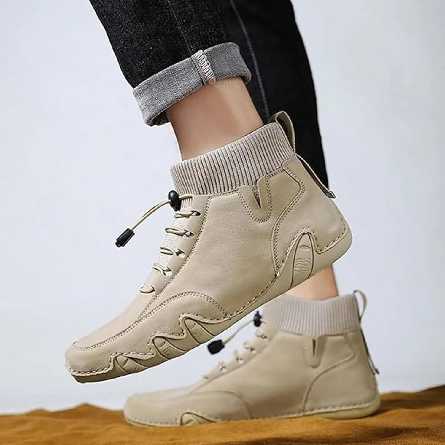Couple's High Top Casual Shoes Casual Leather Water Proof Boots Splicing Leather Shoes Soft Soled Semi Casual Shoes Men