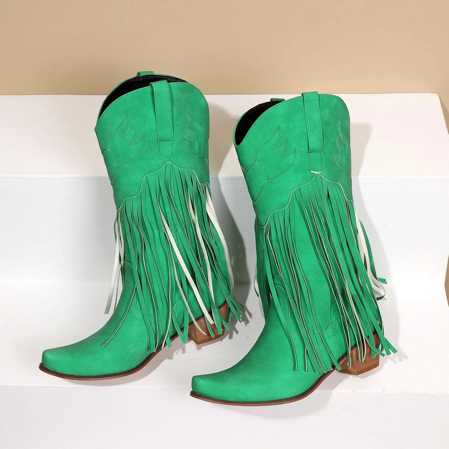 Cowboy Boots for Women Mid Calf Fringe Cowgirl Boots Fringe Western Low Heel Boots Wide Calf Riding Cowboy Boots