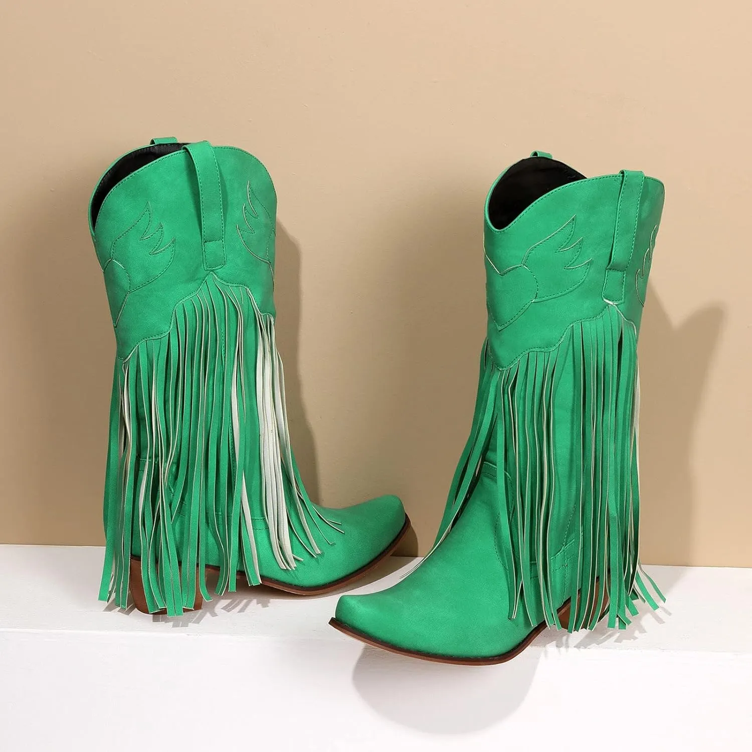 Cowboy Boots for Women Mid Calf Fringe Cowgirl Boots Fringe Western Low Heel Boots Wide Calf Riding Cowboy Boots