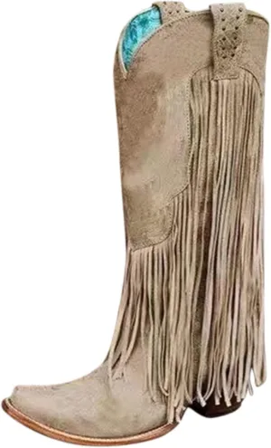 Cowboy Boots for Women Mid Calf Fringe Cowgirl Boots Fringe Western Low Heel Boots Wide Calf Riding Cowboy Boots