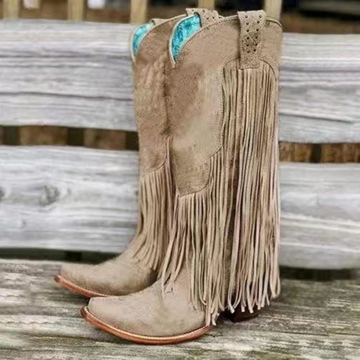 Cowboy Boots for Women Mid Calf Fringe Cowgirl Boots Fringe Western Low Heel Boots Wide Calf Riding Cowboy Boots